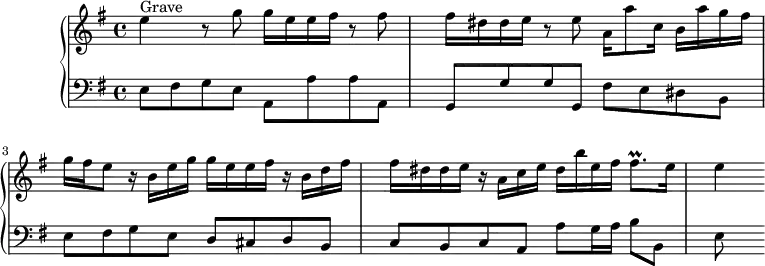 \version "2.18.2"
\header {
tagline = ##f
% composer = "Domenico Scarlatti"
% opus = "K. 81"
% meter = "Grave – Allegro"
}
%% les petites notes
trillFisqp = { \tag #'print { fis8.\prall } \tag #'midi { \times 2/3 { g64 fis g } fis16.~ fis16 } }
upper = \relative c'' {
\clef treble
\key e \minor
\time 4/4
\tempo 4 = 34
\set Staff.midiInstrument = #"recorder"
s8*0^\markup{Grave}
e4 r8 g8 g16 e e fis r8 fis8 | fis16 dis dis e r8 e8 a,16 a'8 c,16 b a' g fis | g fis e8 r16 b16 e g g e e fis r16 b, d fis |
% ms. 4
fis16 dis dis e r16 a,16 c e dis b' e, fis \trillFisqp e16 | e4
}
lower = \relative c' {
\clef bass
\key e \minor
\time 4/4
\set Staff.midiInstrument = #"harpsichord"
% ************************************** \appoggiatura a16 \repeat unfold 2 { } \times 2/3 { } \omit TupletNumber
e,8 fis g e a, a' a a, | g g' g g, fis' e dis b | e fis g e d cis d b |
% ms. 4
c8 b c a a' g16 a b8 b, | e8
}
thePianoStaff = \new PianoStaff <<
\set PianoStaff.instrumentName = #""
\new Staff = "upper" \upper
\new Staff = "lower" \lower
>>
\score {
\keepWithTag #'print \thePianoStaff
\layout {
#(layout-set-staff-size 17)
\context {
\Score
\override TupletBracket.bracket-visibility = ##f
\override SpacingSpanner.common-shortest-duration = #(ly:make-moment 1/2)
\remove "Metronome_mark_engraver"
}
}
}
\score {
\keepWithTag #'midi \thePianoStaff
\midi { }
}