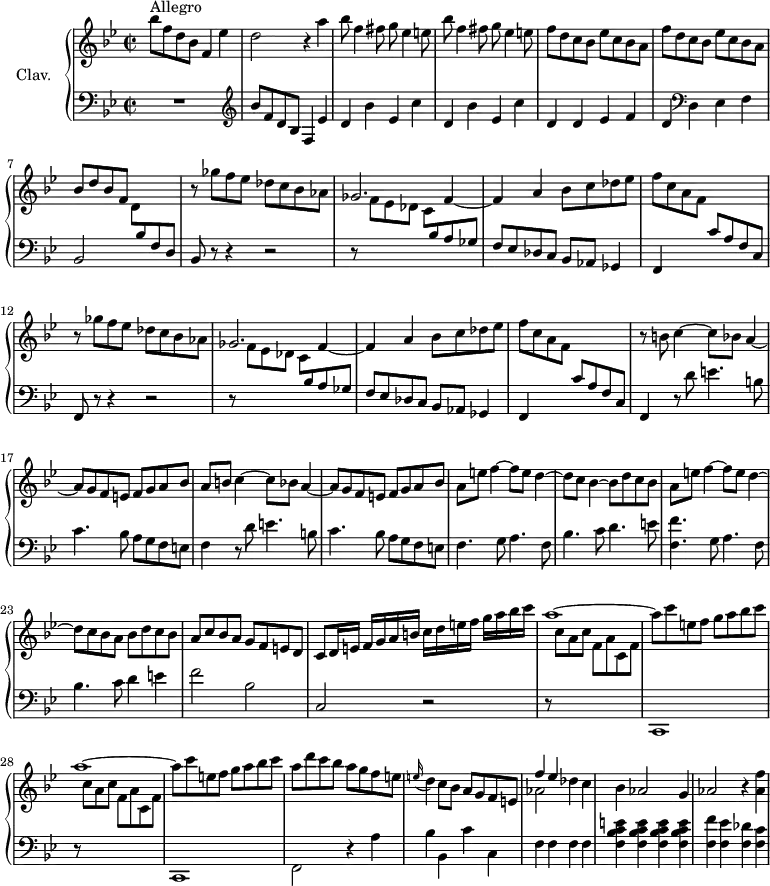 
\version "2.18.2"
\header {
  tagline = ##f
  % composer = "Domenico Scarlatti"
  % opus = "K. 248"
  % meter = "Allegro"
}

%% les petites notes
%trillBesp     = { \tag #'print { bes4.\prall } \tag #'midi { c32 bes c bes~ bes4 } }

upper = \relative c'' {
  \clef treble 
  \key bes \major
  \time 2/2
  \tempo 2 = 82
  \set Staff.midiInstrument = #"harpsichord"
  \override TupletBracket.bracket-visibility = ##f

      s8*0^\markup{Allegro}
      bes'8 f d bes f4 ees' | d2 r4 a'4 | \repeat unfold 2 { bes8 f4 fis8 g ees4 e8 } | 
      % ms. 5
      \repeat unfold 2 { f8 d c bes ees c bes a  } | bes d bes f s2 | \repeat unfold 2 { r8 ges'8 f ees des c bes aes | ges2. f4~ |
      % ms. 10
      f4 a bes8 c des ees | f c a f s2 } |
      % ms. 16
      r8 \repeat unfold 2 { b8 c4~ c8 bes a4~ | a8 g f e  f g a bes | a }
      % ms. 20
      e'8 f4~ f8 e d4~ | d8 c bes4~ bes8 d c bes | a8 e' f4~ f8 e d4~ | d8 c bes a bes d c bes |
      % ms. 24
      a8 c bes a g f e d | c d16 e f[ g a b] c d e f g[ a bes c] | \repeat unfold 2 { a1~ | a8 c e, f g a bes c } |
      % ms. 30
      a8 d c bes a g f e | \appoggiatura e16 d4 c8 bes a g f e | << { f'4 ees } \\ { aes,2 } >> des4 c |
      % ms. 33
      bes4 aes2 g4 | aes2 r4 < aes f' >4 | 

}

lower = \relative c' {
  \clef bass
  \key bes \major
  \time 2/2
  \set Staff.midiInstrument = #"harpsichord"
  \override TupletBracket.bracket-visibility = ##f

    % ************************************** \appoggiatura a16  \repeat unfold 2 {  } \times 2/3 { }   \omit TupletNumber 
      R1 |   \clef treble bes'8 f d bes f4 ees' | \repeat unfold 2 { d bes' ees, c' } |
      % ms. 5
      d,4 d ees f | d   \clef bass d, ees f | bes,2 \stemDown \change Staff = "upper"  d'8 \stemUp \change Staff = "lower" bes f d | bes8 r8 r4 r2 | r8 \stemDown \change Staff = "upper"  f''8 ees des c \stemUp \change Staff = "lower" bes a ges |
      % ms. 10
      f8 ees des c bes aes ges4 | f4 s4 c''8 a f c | f,8 r8 r4 r2 | r8 \stemDown \change Staff = "upper"  f''8 ees des c \stemUp \change Staff = "lower" bes a ges |
      % ms. 14
      f8 ees des c bes aes ges4 | f4 s4 c''8 a f c | \stemNeutral f,4 r8 d''8 e4. b8 | c4. bes8 a g f e | f4 r8 d'8 e4. b8 |
      % ms. 19
       c4. bes8 a g f e | f4. g8 a4. f8 | bes4. c8 d4. e8 | < f, f' >4. g8 a4. f8 | bes4. c8 d4 e |
      % ms. 24
      f2 bes, | c, r2 | \repeat unfold 2 { r8 \stemDown \change Staff = "upper" c''8 a c f, a c, f | \change Staff = "lower" c,,1 } |
      % ms. 30
      f2 r4 a'4 | bes bes, c' c, | f f f f | < f bes c e >4 q q q | < f f' >4 < f ees' > < f des' > < f c' >

}

thePianoStaff = \new PianoStaff <<
    \set PianoStaff.instrumentName = #"Clav."
    \new Staff = "upper" \upper
    \new Staff = "lower" \lower
  >>

\score {
  \keepWithTag #'print \thePianoStaff
  \layout {
      #(layout-set-staff-size 17)
    \context {
      \Score
     \override SpacingSpanner.common-shortest-duration = #(ly:make-moment 1/2)
      \remove "Metronome_mark_engraver"
    }
  }
}

\score {
  \keepWithTag #'midi \thePianoStaff
  \midi { }
}
