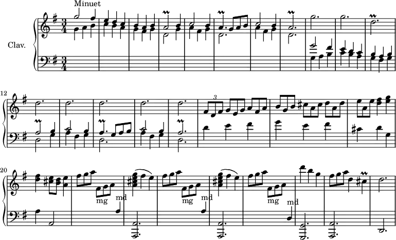 
\version "2.18.2"
\header {
  tagline = ##f
  % composer = "Domenico Scarlatti"
  % opus = "K. 471"
  % meter = "Minuet"
}

%% les petites notes
trillCis      = { \tag #'print { cis4\prall } \tag #'midi { d16 cis d cis } }
trillAb       = { \tag #'print { a2\prall } \tag #'midi { b16 a b a~ a4 } }
trillAbp      = { \tag #'print { a2.\prall } \tag #'midi { b16 a b a~ a2 } }
trillDbp      = { \tag #'print { d2.\prall } \tag #'midi { e16 d e d~ d2 } }
trillAp       = { \tag #'print { a4.\prall } \tag #'midi { b16 a b a~ a8 } }

upper = \relative c'' {
  \clef treble 
  \key g \major
  \time 3/4
  \tempo 4 = 166 % tempo Ross
  \set Staff.midiInstrument = #"harpsichord"
  \override TupletBracket.bracket-visibility = ##f

      s8*0^\markup{Minuet} \stemUp
      g'2 fis4 | e d c | b a b | \trillAb b4 | c2 b4 | \trillAp g8 a b |
      % ms. 7
      c2 b4 | \trillAbp \stemNeutral | g'2.  g  \trillDbp | \repeat unfold 5 { d2. }
      % ms. 17
      \times 2/3 { fis,8 d fis } \omit TupletNumber \times 2/3 { g8[ e g] a fis a | b g b  cis a cis d a d } | 
      % ms. 19
      \times 2/3 { e a, e' } < d fis >4 < e g > | < d fis > < cis e >8 < b d > < a e' >4 |
      \repeat unfold 2 { \times 2/3 { fis'8 g a } s4 \stemUp  \change Staff = "lower" a,,4^\markup{md} \stemNeutral   \change Staff = "upper" |
      % ms. 24
      < a' cis e g >4( fis' e) } | \times 2/3 { fis8 g a } s4 \stemUp  \change Staff = "lower" d,,,4^\markup{md} \stemNeutral   \change Staff = "upper" | d'''4 b g | \times 2/3 { fis8 g a } d,4 \trillCis | d2. |
      % ms. 30
      
      % ms. 35
      
      % ms. 40
      

}

lower = \relative c' {
  \clef bass
  \key g \major
  \time 3/4
  \set Staff.midiInstrument = #"harpsichord"
  \override TupletBracket.bracket-visibility = ##f

    % ************************************** \appoggiatura a16  \repeat unfold 2 {  } \times 2/3 { }   \omit TupletNumber 
      \stemDown \change Staff = "upper"  g'4 a b | c b a | g fis g | d2 g4 | a fis g | d2. |
      % ms. 7
      a'4 fis g | d2. \stemNeutral \change Staff = "lower"  |  
      << { g2 fis4 | e d c | b a b | \trillAb b4 | c2 b4 | \trillAp g8 a b | c2 b4 | \trillAbp } 
      \\ { g4 a b | c b a | g fis g | d2 g4 | a fis g | d2. | a'4 fis g | d2. } >>
      % ms. 17
      d'4 e fis | g e fis |
      % ms. 19
      cis4  d g, | a a,2 | \repeat unfold 2 { s4 \stemDown \change Staff = "upper" \omit TupletNumber  \times 2/3 { fis''8-\markup{mg} g a } \stemNeutral \change Staff = "lower" s4 < a,,, a' >2. } s4 \stemDown \change Staff = "upper" \times 2/3 { fis'''8-\markup{mg} g a } \stemNeutral \change Staff = "lower" s4
      % ms. 24
      < g,,, g' >2. < a a' > d
      % ms. 30
      
      % ms. 35
      
      % ms. 40
      

}

thePianoStaff = \new PianoStaff <<
    \set PianoStaff.instrumentName = #"Clav."
    \new Staff = "upper" \upper
    \new Staff = "lower" \lower
  >>

\score {
  \keepWithTag #'print \thePianoStaff
  \layout {
      #(layout-set-staff-size 17)
    \context {
      \Score
     \override SpacingSpanner.common-shortest-duration = #(ly:make-moment 1/2)
      \remove "Metronome_mark_engraver"
    }
  }
}

\score {
  \keepWithTag #'midi \thePianoStaff
  \midi { }
}
