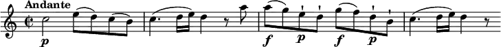 \relative c'' {
    \version "2.18.2"
    \key c \major
    \tempo "Andante"
    \time 2/2
    \tempo 4 = 60
  c2\p e8 (d) c (b)
  c4. (d16 e) d4 r8 a'8
  a\f (g) e-!\p d-! g\f (f) d-!\p b-!
  c4. (d16 e) d4 r8
  }