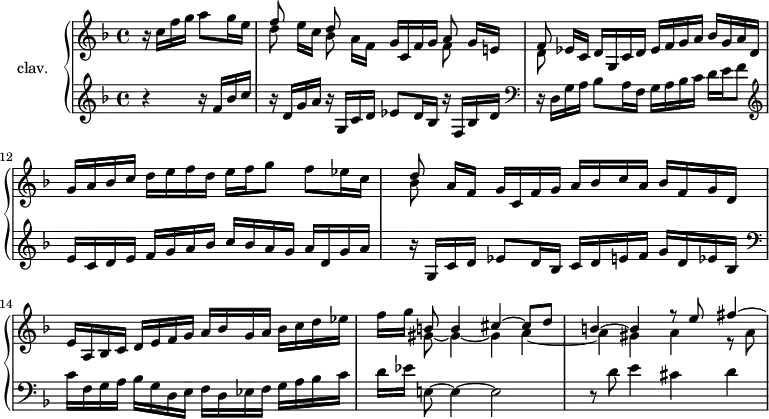 
\version "2.18.2"
\header {
  tagline=##f
}
upper=\relative c'' {
  \clef treble 
  \key f \major
  \time 4/4
  \tempo 4=92
  \set Score.currentBarNumber=#10

  \partial 2
  r16 c16 f g a8 g16 e 
  << { f8 s8 d s4. a8 g16[ e!]|f8 } \\ { d'8 e16[ c] bes8 a16[ f] \stemUp g c, f g \stemDown f8 s8|d8 } >>

  % Ms. 11
  ees16 c d g, c d ees f g a bes g a d,|g a bes c d e f  d e f g8 f ees16 c|
  << { d8 a16[ f] g c, f g a bes c a bes f g d } \\ { bes'8 } >>
  e,16 a, bes c d e f g a bes g a bes c d ees|f g 
  << { b,!8 b4 cis~ cis8 d b!4~ b r8 e8 fis4~ \hideNotes fis16*0 } \\ { gis,8~ gis4 ~ gis a~|a gis4 a r8 a8 } >>  

}

lower=\relative c {
  \clef bass
  \key f \major
  \time 4/4
    
  \clef treble  r4 r16 f'16 bes c|r16 d,16 g a r16 g,16 c d ees8 d16 bes r16 f16 bes d|

  % Ms. 11
  \clef bass r16 d,16 g a bes8 a16 f g a bes c d e f8|\clef treble e16 c d e f g a bes c bes a g a d, g a|
  r16 g,16 c d ees8 d16 bes c d e f g d ees bes|
  \clef bass c16 f, g a bes g d e f d ees f g a bes c|d[ ees] \tempo 4=78 e,!8~ \tempo 4=92 e4~ e2|r8 d'8 e4 cis d|
   
}

\score {
  \new PianoStaff <<
    \set PianoStaff.instrumentName=#"clav."
    \new Staff="upper" \upper
    \new Staff="lower" \lower
  >>
  \layout {
      #(layout-set-staff-size 17)
    \context {
      \Score
      \override SpacingSpanner.common-shortest-duration=#(ly:make-moment 1/2)
      \remove "Metronome_mark_engraver"
    }
  }
  \midi { \set Staff.midiInstrument=#"harpsichord" }
}
