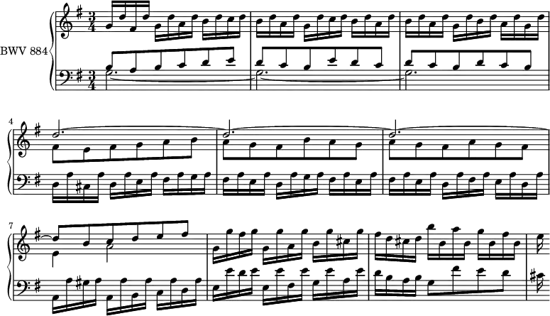 
\version "2.18.2"
\header {
  tagline = ##f
}

upper = \relative c'' {
  \clef treble 
  \key g \major
  \time 3/4
  \tempo 4 = 96
  \set Staff.midiInstrument = #"harpsichord" 

   %% PRÉLUDE CBT II-15, BWV 884, sol majeur
   g16 d' fis, d' g, d' a d b d c d | b d a d g, d' c d b d a d | b d a d g, d' b d a d g, d'~ |
   << { d2.~ d~ d~ d8 b c d e fis } \\ { fis,8 e fis g a b a g fis b a g a g fis a g fis e4 a2 } >>
   g16 g' fis g g, g' a, g' b, g' cis, g' | fis d cis d b' b, a' b, g' b, fis' b, e
}

lower = \relative c' {
  \clef bass 
  \key g \major
  \time 3/4
  \set Staff.midiInstrument = #"harpsichord" 
  
     << { b8 a b c d e d c b e d c d c b d c b } \\ { g2.~ g~ g } >>
     d16 a' cis, a' d, a' e a fis a g a | fis a e a d, a' g a fis a e a | fis a e a d, a' fis a e a d, a' | a, a' gis a a, a' b, a' c, a' d, a' | e e' d e e, e' fis, e' g, e' a, e' | d b a b g8 fis' e d | cis16
} 

\score { 
  \new PianoStaff <<
    \set PianoStaff.instrumentName = #"BWV 884"
    \new Staff = "upper" \upper
    \new Staff = "lower" \lower
  >>
  \layout {
    \context {
      \Score
      \remove "Metronome_mark_engraver"
      %\override SpacingSpanner.common-shortest-duration = #(ly:make-moment 1/3)
    }
  }
  \midi { }
}
