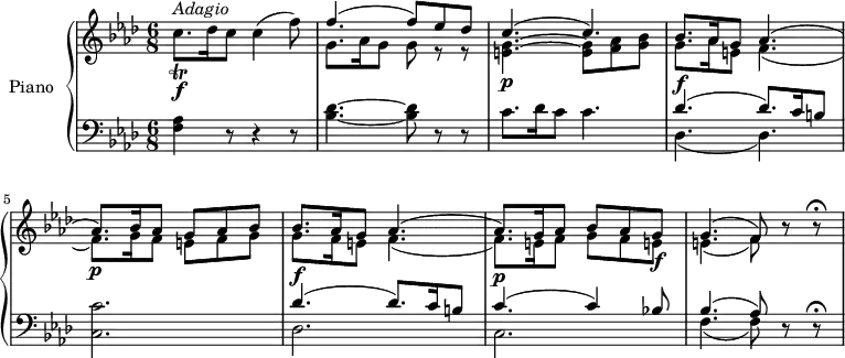 \version "2.18.2"
\header {
tagline = ##f
}
upper = \relative c' {
\clef treble
\key aes \major
\time 6/8
\tempo "Adagio"
\tempo 4 = 40
c'8.^\markup{ \italic {Adagio} } \f _ \trill des16 c8 c4 (f8)
<<{\stemDown g,8. aes16 g8 g ees \rest ees \rest } \\ { \stemUp f'4. ^ (f8) ees des }>>
<<{\stemDown <e, g> 4. \p ~ <e g>8 <f aes> <g bes> g8. \f aes16 e8 f4. _ (f8.) \p g16 f8 e f g} \\ { \stemUp c4. ^ (c4.) bes8. aes16 g8 aes4. ^ (aes8.) bes16 aes8 g aes bes}>>
<<{\stemDown g8. \f f16 e8 f4. _ (f8.) \p e16 f8 g f e! \f e!4. _ (f8)} \\ { \stemUp bes8. aes16 g8 aes4. ^(aes8.) g16 aes8 bes aes g g4. ^(f8)}>>
r8 r \fermata
}
lower = \relative c' {
\clef bass
\key aes \major
\time 6/8
<f, aes>4 r8 r4 r8
<bes des>4. ~ <bes des>8 r r
c8. des16 c8 c4.
<<{\stemDown des,4. _ ( des4. )} \\ { \stemUp des'4. ^(des8.) c16 b8 }>>
<c, c'>2.
<<{\stemDown des2. c f4. _ (f8) } \\ { \stemUp des'4. ^(des8.) c16 b8 c4. ^(c4) bes!8 bes4. ^(aes8)}>>
r8 r \fermata
}
\score {
\new PianoStaff <<
\set PianoStaff.instrumentName = #"Piano"
\new Staff = "upper" \upper
\new Staff = "lower" \lower
>>
\layout {
\context {
\Score
\remove "Metronome_mark_engraver"
}
}
\midi { }
}