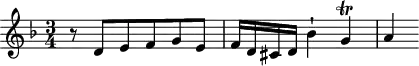 \version "2.18.2"
\header {
tagline = ##f
}
\score {
\new Staff \with {
}
<<
\relative c' {
\key d \minor
\time 3/4
%% SUJET fugue CBT I-6, BWV 851, ré mineur
r8 d8 e f g e f16 d cis d bes'4-! g\trill a4~
}
>>
\layout {
\context { \Score \remove "Metronome_mark_engraver"
%\override SpacingSpanner.common-shortest-duration = #(ly:make-moment 1/2)
}
}
\midi {}
}