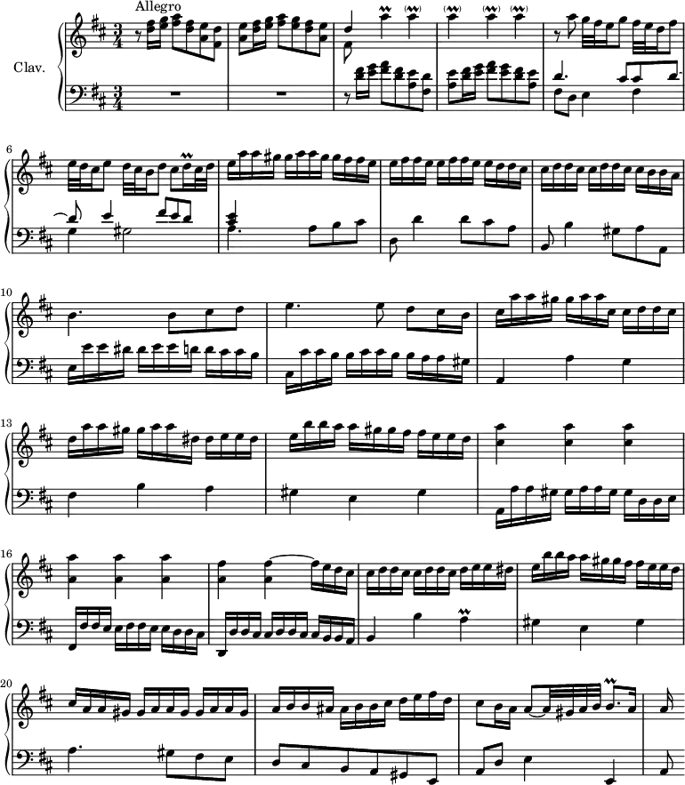 
\version "2.18.2"
\header {
  tagline = ##f
}

%% les petites notes
trillAup     = { \tag #'print { a'4\prall } \tag #'midi { \times 2/3 { b32 a b } a16~ a8 } }
trillApar    = { \tag #'print { a4-\parenthesize\prall } \tag #'midi { \times 2/3 { b32 a b } a16~ a8 } }
trillDqq     = { \tag #'print { d16\prall } \tag #'midi { \times 2/3 { d32 e d } } }
trillA       = { \tag #'print { a4\prall } \tag #'midi { \times 2/3 { b32 a b } a16~ a8 } }
trillBq      = { \tag #'print { b8.\prall } \tag #'midi { \times 2/3 { b32 cis b~ } b16~ b16 } }

upper = \relative c'' {
  \clef treble 
  \key d \major
  \time 3/4
  \tempo 4 = 82
  \set Staff.midiInstrument = #"harpsichord"

      s8*0^\markup{Allegro} r8 < d fis >16 < e g > < fis a >8 < d fis > < a e ' > < fis d' > | < a e' > < d fis >16 < e g > < fis a >8 < e g > < d fis > < a e' > | << { d4 } \\ { fis,8 } >> \trillAup \repeat unfold 4 { \trillApar }
      % ms. 5
      r8 a8 g32 fis e16 g8  fis32 e d16 fis8 | e32 d cis16 e8  d32 cis b16 d8  cis \trillDqq cis32 \tempo 4 = 70 d | e16   \tempo 4 = 82 a a gis  gis a a gis gis  fis fis e |
      % ms. 8
      \repeat unfold 2 { e16 fis fis e } e d d cis | \repeat unfold 2 { cis16 d d cis } cis b b a | b4. b8 cis d | e4. e8 d cis16 b |
      % ms. 12
      cis16 a' a gis  gis a a cis,  cis d d cis | d a' a gis  gis a a dis,  dis e e dis | e b' b a  a gis gis fis  fis e e d |
      % ms. 15
      < cis a' >4 q q | < a a'> q q | < a fis' > q~ fis'16 e d cis |
      % ms. 18
      \repeat unfold 2 { cis16 d d cis }  d e e dis | e b' b a  a gis gis fis  fis e e d | cis16 a a gis  \repeat unfold 2 { gis a a gis } |
      % ms. 21
      a16 b b ais  ais b b cis  d e fis d | cis8 b16 a a8~ a32 gis a b \trillBq a16 | a16 

}

lower = \relative c' {
  \clef bass
  \key d \major
  \time 3/4
  \set Staff.midiInstrument = #"harpsichord"

    % **************************************
       R2.*2 | r8 < d fis >16 < e g > < fis a >8 < d fis > < a e ' > < fis d' > | < a e' > < d fis >16 < e g > < fis a >8 < e g > < d fis > < a e' > | << { d4. cis8 cis d~ | d e4 fis8 e d < cis e >4 } \\ { fis,8 d e4 fis | g gis2 | a4. a8 b cis } >>
       % ms. 8
       d,8 d'4 d8 cis a | b,8 b'4  gis8 a a, | e'16 e' e dis  dis e e d  d cis cis b | cis, cis' cis b  b cis cis b  b a a gis |
       % ms. 12
       a,4 a' g | fis b a | gis e gis | 
       % ms. 15
       a,16 a' a gis  gis a a gis  gis d d e | fis, fis' fis e  e fis fis e  e d d cis | d, d' d cis  cis d d cis  cis b b a |
       % ms. 18
       b4 b' \trillA | gis4 e gis | a4. gis8 fis e | d8 cis b a gis e | a d   \tempo 4 = 72 e4 e, | a8

}

thePianoStaff = \new PianoStaff <<
    \set PianoStaff.instrumentName = #"Clav."
    \new Staff = "upper" \upper
    \new Staff = "lower" \lower
  >>

\score {
  \keepWithTag #'print \thePianoStaff
  \layout {
      #(layout-set-staff-size 17)
    \context {
      \Score
     \override SpacingSpanner.common-shortest-duration = #(ly:make-moment 1/2)
      \remove "Metronome_mark_engraver"
    }
  }
}

\score {
  \keepWithTag #'midi \thePianoStaff
  \midi { }
}
