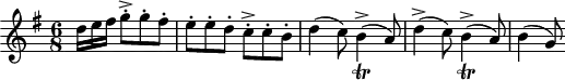 \version "2.18.2"
\header {
  tagline = ##f
}
\score {
  \new Staff \with {
  }
% Trillbq = { \tag #'print b4->_\trill( \tag #'midi { b16 a b a } }
<<
  \relative c'' {
    \key g \major
    \time 6/8
    \override TupletBracket #'bracket-visibility = ##f 
     %%% Piatti, Bergamasca
     \partial 16*9 d16 e fis g8-.-> g-. fis-. e-. e-. d-. c-.-> c-. b-. | d4( c8) b4->_\trill( a8) 
     d4->( c8) b4->_\trill( a8) b4( g8)
  }
>>
  \layout {
     \context { \Score
     \remove "Metronome_mark_engraver" }
  }
  \midi { \tempo 4. = 100 }
}