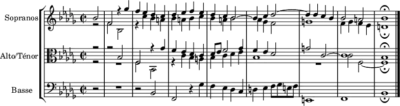 
\version "2.14.2"
\header {
  tagline = ##f
}
global= {
  \time 2/2
  \key bes \minor
  \tempo 2 = 54
  \set Score.currentBarNumber = #67
}

Dux    = { bes2 f r4 ges'4 f ees des c }
Comes = { f2 bes, r4 c'4 bes a bes }

sopranos = \new Voice \relative c'' {
  \set Staff.instrumentName = #"Sopranos"

  \partial 2
  << { \Dux des4 ees f ees des c bes2~ bes4 c des2~ des4 des c bes bes2 a   \tempo 2 = 34 bes1\fermata } \\ { r2 \relative c' { \Comes } a4 bes c bes a bes2 aes4 ges f2 g1 f4 ges f ees d1\fermata } >> \bar "|."

}

altoTenor = \new Voice \relative c' {
  \set Staff.instrumentName = #"Alto/Ténor"
  \clef alto

  << { r2 r2  \Dux des8 ees f2 ges4 f ees des2 g c,~ c1 bes1\fermata } \\ { r2 R1 \relative c { \Comes } c4 des ees bes1 R1 c2 f,~ f1\fermata } >>
}

basse = \new Voice \relative c {
  \set Staff.instrumentName = #"Basse "
  \clef bass
  r2 R1 r2 \Dux d4 ees f8 ges e f e,1 f bes_\fermata

}

\score {
  \new StaffGroup <<
    \new Staff << \global \sopranos >>
    \new Staff << \global \altoTenor >>
    \new Staff << \global \basse >>
  >>
  \layout {
    \context {
      \Score
      \remove "Metronome_mark_engraver"
    }
  }
  \midi { }
}
