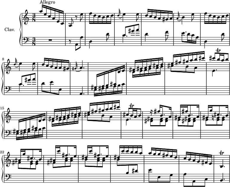 \version "2.18.2"
\header {
tagline = ##f
% composer = "Domenico Scarlatti"
% opus = "K. 110"
% meter = "Allegro"
}
%% les petites notes
trillBp = { \tag #'print { b4.\trill } \tag #'midi { c32 b c b~ b4 } }
trillBqq = { \tag #'print { b16\trill } \tag #'midi { \times 2/3 { b32 cis b } } }
upper = \relative c'' {
\clef treble
\key a \minor
\time 3/8
\tempo 4. = 72
\set Staff.midiInstrument = #"harpsichord"
\override TupletBracket.bracket-visibility = ##f
s8*0^\markup{Allegro}
a'16 e c a e c | a8 r8 e''8 | f16 d c b c d | \appoggiatura d32 e4 e8 | d16 c b a gis a | \appoggiatura a32 b4 e8 |
% ms. 7
f16 d c b c d | \appoggiatura d32 e4 e8 | d16 c b a a gis | \appoggiatura gis32 a4. | \stemUp \change Staff = "lower" gis,16 a b cis \stemUp \change Staff = "upper" d e | fis gis a b cis d | e fis gis a b cis |
% ms. 14
cis8 \trillBqq a16 b8 | \stemUp \change Staff = "lower" gis,,16 a b cis \stemUp \change Staff = "upper" d e | fis gis a b cis d | e fis gis a b cis | cis,8 \trillBqq a16 b8 | r16 \repeat unfold 2 { fis'16 b,8. a16 |
% ms. 20
gis16 } g' cis,8. b16 | ais16 g' cis,8. b16 | ais16 c' fis,8. e16 | dis16 c' fis,8. e16 | dis16 c' c b b a |
% ms. 26
a16 g g fis e d | c b a g fis e | \trillBp
}
lower = \relative c' {
\clef bass
\key a \minor
\time 3/8
\set Staff.midiInstrument = #"harpsichord"
\override TupletBracket.bracket-visibility = ##f
% ************************************** \appoggiatura a16 \repeat unfold 2 { } \times 2/3 { } \omit TupletNumber
R4. | r8 a,8 a' | d,4 d'8 | << { c8 gis' a } \\ { \mergeDifferentlyDottedOn c,4. } >> | d4 f8 | e8. d16 c a |
% ms. 7
d,4 d'8 | << { c8 gis' a } \\ { \mergeDifferentlyDottedOn c,4. } >> | d8 e e, | a,4. | \repeat unfold 2 { \stemDown \change Staff = "lower" e'16 fis gis a b cis | \change Staff = "upper" d e fis gis a b | cis8 b a |
% ms. 14
e4. } | < dis fis >8 q q |
% ms. 20
e8 <dis fis>8 q | e < e g >8 q | fis < e g >8 q | fis < ais c >8 q | b < a c >8 q | b \stemNeutral \change Staff = "lower" b, dis
% ms. 26
e8 e, g | a a, c | b4. |
}
thePianoStaff = \new PianoStaff <<
\set PianoStaff.instrumentName = #"Clav."
\new Staff = "upper" \upper
\new Staff = "lower" \lower
>>
\score {
\keepWithTag #'print \thePianoStaff
\layout {
#(layout-set-staff-size 17)
\context {
\Score
\override SpacingSpanner.common-shortest-duration = #(ly:make-moment 1/2)
\remove "Metronome_mark_engraver"
}
}
}
\score {
\keepWithTag #'midi \thePianoStaff
\midi { }
}