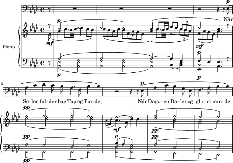 
\version "2.18.2"
\header {
  tagline = ##f
}
%%%% Ole Olsen, Solefaldssang, incipit
%%%% écouter : https://soundcloud.com/theoneaffeks/solefaldssang-fra-svein-uraed-op-60-ole-olsen (1938)


%%%%%% VOIX %%%%%
melody = \relative c {
  \clef bass
  \key aes \major
  \time 4/4
  \tempo 4 = 60
  \override TupletBracket #'bracket-visibility = ##f

   \partial 8 r8 R1*3 r2 r4 r8 
   ees8^\p\( aes4 c des c8 bes | aes4. f8 bes4 bes\) r2 r4 r8 ees,8^\p\( aes4 c bes g8 ees | f4. aes8 bes4 bes\)
   
}

text = \lyricmode { 
       Når So- len fal- der bag Top og Tin- de,  % Når Solen falder bag Top og Tinde
       Når Dagu- en Da- ler og glir et min- de
}

%%%%%% PIANO %%%%%
upper = \relative c' {
  \clef treble
  \key aes \major
  \time 4/4
  \override TupletBracket #'bracket-visibility = ##f 

   << { r8 | c'2^\p( des des des) | c4( c8. bes32 c ees8 des \times 2/3 { c bes aes } | des2 c4.) r8 } \\ { ees,8\mf( | aes4 c8. bes32 c des4 c8 bes) | c( bes aes c bes f \acciaccatura aes8 g8 ees | aes4)( c8. bes32 c ees8 des \times 2/3 { c bes aes) } f8\mf( aes g ees) aes4. s8 } >>

   %% ms. 5
   << { ees'2^\pp( ees ees ees) | des~ des } \\ { c2( < bes des > < aes c > < bes des >) | \grace { aes16( bes } aes4.)\mf f8 bes4 bes } >>

   %% ms. 8
   << { ees2( ees des des) } \\ { c2\pp( < g bes > < f aes > g) } >>

}

lower = \relative c' {
  \clef bass
  \key aes \major
  \time 4/4

    r8 |
    << { aes2( g | aes g | aes~) aes4 f f^\p ees ees4. r8 } \\ { < aes, ees' >2\p( < aes ees' > < aes f' > < aes ees' > q) bes4( < des bes >) < ees, bes' >2\p aes4. s8 } >>

    %% ms. 5
    << { aes'2^\pp( g f g) bes4^\p( aes g2) | aes2^\pp( ees des ees) } \\ { aes,2\pp( aes aes aes) | < aes f' >( < aes ees' > | aes2 g f ees) } >>

}

\score {
  <<
    \new Voice = "mel" { \autoBeamOff \melody }
    \new Lyrics \lyricsto mel \text
    \new PianoStaff <<
    \set PianoStaff.instrumentName = #"Piano"
      \new Staff = "upper" \upper
      \new Staff = "lower" \lower
    >>
  >>
  \layout {
      #(layout-set-staff-size 17)
    \context { \Staff \RemoveEmptyStaves }
     \context { \Score \remove "Metronome_mark_engraver" 
     \override SpacingSpanner.common-shortest-duration = #(ly:make-moment 1/2)
     }
     %\override SpacingSpanner.common-shortest-duration = #(ly:make-moment 1/2)
  }
  \midi { }
}
