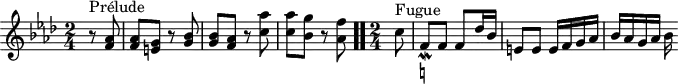 \version "2.18.2"
\header {
tagline = ##f
}
\score {
\new Staff \with {
}
<<
\relative c'' {
\key f \minor
\time 2/4
%% INCIPIT CBT II-12, BWV 881, fa mineur
\partial 4
r8^\markup{Prélude} < aes f >8 | q < g e > r8 < bes g > | q < aes f > r8 < aes' c, > | q < g bes, > r8 < f aes, > \bar ".."
\time 2/4 \partial 8
c8^\markup{Fugue} f,_\mordent-\markup { \natural } f f des'16 bes e,8 e e16 f g aes bes aes g aes bes
}
>>
\layout {
\context { \Score \remove "Metronome_mark_engraver" }
}
\midi {}
}