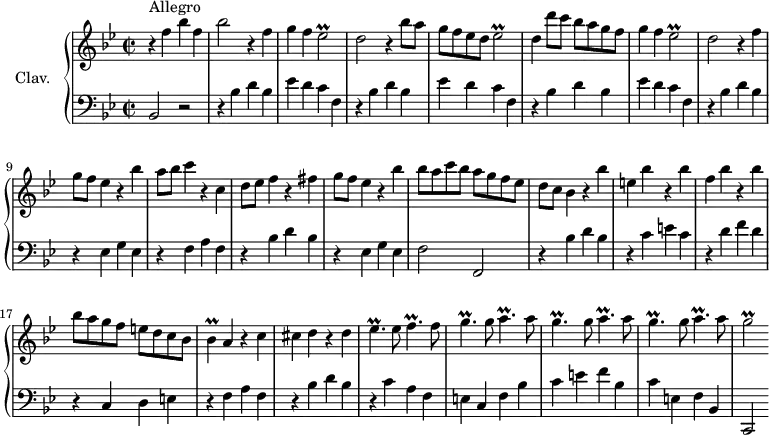 
\version "2.18.2"
\header {
  tagline = ##f
  % composer = "Domenico Scarlatti"
  % opus = "K. 154"
  % meter = "Allegro"
}

%% les petites notes
trillEesb      = { \tag #'print { ees2\prall } \tag #'midi { f16 ees f ees~ ees4 } }
trillBes       = { \tag #'print { bes4\prall } \tag #'midi { c16 bes c bes } }
trillEesq      = { \tag #'print { ees4.\prall } \tag #'midi { f16 ees f ees~ ees8 } }
trillFq        = { \tag #'print { f4.\prall } \tag #'midi { g16 f g f~ f8 } }
trillGq        = { \tag #'print { g4.\prall } \tag #'midi { a16 g a g~ g8 } }
trillFAq       = { \tag #'print { a4.\prall } \tag #'midi { bes16 a bes a~ a8 } }
trillGb        = { \tag #'print { g2\prall } \tag #'midi { a16 g a g~ g4 } }

upper = \relative c'' {
  \clef treble 
  \key bes \major
  \time 2/2
  \tempo 2 = 90
  \set Staff.midiInstrument = #"harpsichord"
  \override TupletBracket.bracket-visibility = ##f

      s8*0^\markup{Allegro}
      r4 f4 bes f | bes2 r4 f4 | g f \trillEesb | d2 r4 bes'8 a | g f ees d \trillEesb |
      % ms. 6
      d4 d'8 c bes a g f | g4 f \trillEesb | d2 r4 f4 | g8 f ees4 r4 bes' | a8 bes c4 r4 c,4 |
      % ms. 11
      d8 ees f4 r4 fis4 | g8 f ees4 r4 bes'4 | bes8 a c bes a g f ees | d c bes4 r4 bes'4 | e, bes' r4 bes4 |
      % ms. 16
      f4 bes r4 bes4 | bes8 a g f e d c bes | \trillBes a4 r4 c4 | cis d r4 d4 | \trillEesq ees8 \trillFq f8 |
      % ms. 21
      \repeat unfold 3 { \trillGq g8 \trillFAq a8 } | \trillGb
      % ms. 26
      

}

lower = \relative c' {
  \clef bass
  \key bes \major
  \time 2/2
  \set Staff.midiInstrument = #"harpsichord"
  \override TupletBracket.bracket-visibility = ##f

    % ************************************** \appoggiatura a16  \repeat unfold 2 {  } \times 2/3 { }   \omit TupletNumber 
      bes,2 r2 | \repeat unfold 3 { r4 bes'4 d bes | ees d c f, } | 
      % ms. 8
      r4 bes4 d bes | r4 ees,4 g ees | r4 f4 a f |
      % ms. 11
      r4 bes4 d bes | r4 ees,4 g ees | f2 f, | r4 bes'4 d bes | r4 c4 e c |
      % ms. 16
      r4 d4 f d | r4 c,4 d e | r4 f a f | r4 bes d bes | r4 c a f |
      % ms. 21
      e4 c f bes | c e f bes, | c e, f bes, | c,2
      % ms. 26
      

}

thePianoStaff = \new PianoStaff <<
    \set PianoStaff.instrumentName = #"Clav."
    \new Staff = "upper" \upper
    \new Staff = "lower" \lower
  >>

\score {
  \keepWithTag #'print \thePianoStaff
  \layout {
      #(layout-set-staff-size 17)
    \context {
      \Score
     \override SpacingSpanner.common-shortest-duration = #(ly:make-moment 1/2)
      \remove "Metronome_mark_engraver"
    }
  }
}

\score {
  \keepWithTag #'midi \thePianoStaff
  \midi { }
}

