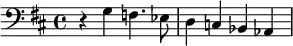 \relative c' {\clef bass \key b \minor \time 4/4 r4 g f4. ees8 d4 c bes aes}