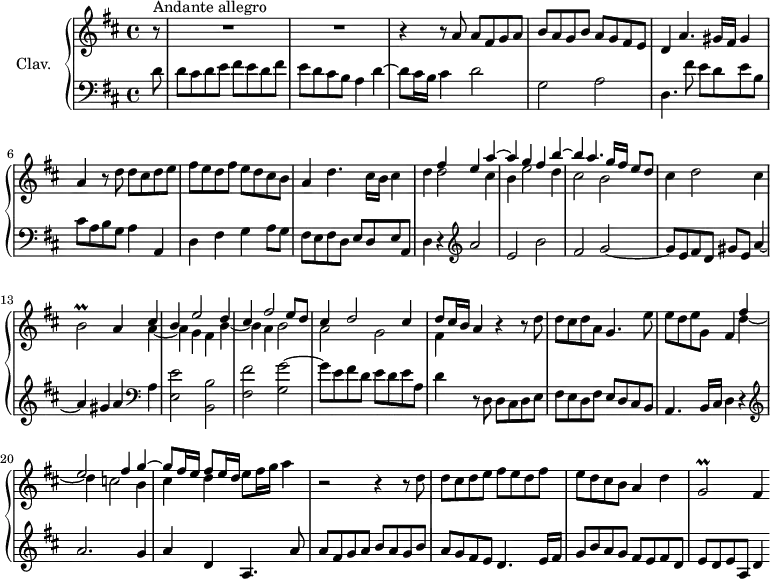 \version "2.18.2"
\header {
  tagline = ##f
  % composer = "Domenico Scarlatti"
  % opus = "K. 287"
  % meter = "Andante allegro"
}
%% les petites notes
trillBb       = { \tag #'print { b2\prall } \tag #'midi { cis32 b cis b~ b8~ b4 } }
trillGbDown   = { \tag #'print { g,2\prall } \tag #'midi { a32 g a g~ g8~ g4 } }
upper = \relative c'' {
  \clef treble 
  \key d \major
  \time 4/4
  \tempo 4 = 122
  \set Staff.midiInstrument = #"church organ"
  \override TupletBracket.bracket-visibility = ##f
    \partial 8
      s8*0^\markup{Andante allegro}
      r8 | R1*2 | r4 r8 a8 a fis g a | b a g b a g fis e |
      % ms. 5
      d4 a'4. gis16 fis gis4 | a r8 d8 d cis d e | fis e d fis e d cis b | a4 d4. cis16 b cis4 |
      % ms. 9
      d4 << { fis4 e a~ | a g fis b~ | b a4. g16 fis e8 d } \\ { d2 cis4 | b e2 d4 | cis2 b } >> | cis4 d2 cis4 | \trillBb a4 
      % ms. 13 fin
      << { cis4 | b e2 d4 | cis fis2 e8 d | cis4 d2 cis4 | d8 cis16 b a4 } \\ { a4~ | a4 g fis b~ | b a b2 | a g | fis4 } >> r4 r8 d'8 | d cis d a g4. e'8 |
      % ms. 19
      e8 d e g, fis4 << { fis'4 | e2 fis4 g~ | g8 fis16 e  fis8 e16 d } \\ { d4~ | d4 c2 b4 | cis d } >> e8 fis16 g a4 | r2 r4 r8 d,8 |
      % ms. 23
      d8 cis d e fis e d fis | e d cis b a4 d | \trillGbDown fis4
}
lower = \relative c' {
  \clef bass
  \key d \major
  \time 4/4
  \set Staff.midiInstrument = #"church organ"
  \override TupletBracket.bracket-visibility = ##f
    % ************************************** \appoggiatura a16  \repeat unfold 2 {  } \times 2/3 { }   \omit TupletNumber 
      d8 | d cis d e fis e d fis | e d cis b a4 d~ | d8 cis16 b cis4 d2 | g, a |
      % ms. 5
      d,4. fis'8 e d e b | cis a b g a4 a, | d fis g a8 g | fis e fis d e d e a, |
      % ms. 9
      d4 r4   \clef treble  a''2 e b' | fis g2~ | g8 e fis d gis e a4~ | a gis a   \clef bass a,  |
      % ms. 14
      < e e' >2 < b b' > | < fis' fis' > < g g' >~ | g'8 e fis d e d e a, | d4 r8 d,8 d cis d e | fis e d fis e d cis b |
      % ms. 19
      a4. b16 cis d4 r4 | \clef treble  a''2. g4 | a d, a4. a'8 | a fis g a b a g b |
      % ms. 23
      a8 g fis e d4. e16 fis | g8 b a g fis e fis d | e d e a, d4 
}
thePianoStaff = \new PianoStaff <<
    \set PianoStaff.instrumentName = #"Clav."
    \new Staff = "upper" \upper
    \new Staff = "lower" \lower
  >>
\score {
  \keepWithTag #'print \thePianoStaff
  \layout {
      #(layout-set-staff-size 17)
    \context {
      \Score
     \override SpacingSpanner.common-shortest-duration = #(ly:make-moment 1/2)
      \remove "Metronome_mark_engraver"
    }
  }
}
\score {
  \keepWithTag #'midi \thePianoStaff
  \midi { }
}