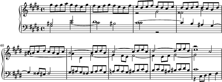 \version "2.18.2"
\header {
  tagline = ##f
}
upper = \relative c''' {
  \clef treble 
  \key cis \minor
  \time 4/4
  \tempo 4 = 110
  %\autoBeamOff
  \set Score.currentBarNumber = #36
    gis8 fis gis a gis fis e gis fis e fis gis fis e dis fis 
    << { e dis e fis e dis cis e dis cis dis e dis cis b dis cis b cis dis cis b ais cis } \\ { r2 gis2 fisis b ais1~ } >>
    << { b2~ b8 cis dis b cis2~ cis8 dis e cis dis2~ dis8 e fis dis e1 } \\ { ais,4 dis, gis2~ gis4 fis8 e fis2~ fis4 e8 fis gis2~ gis~ } \\ { s1*3 r2 cis2 }  >>
    
}
lower = \relative c' {
  \clef bass
  \key cis \minor
  \time 4/4
    << { bis2 e dis1 cis~ cis4 b ais gis~ gis fisis8 eis fisis2 } \\ { gis2 cis~ cis bis cis r2 } >>
    << { gis8 ais gis fisis gis ais b gis | a! b a gis  ais b cis ais | b cis b ais  bis cis dis bis } \\ {} >>
    << { cis1 } \\ { r4 cis,8 dis e4 fis } >>
}
\score {
  \new PianoStaff <<
    % \set PianoStaff.instrumentName = #"BWV 849"
    \new Staff = "upper" \upper
    \new Staff = "lower" \lower
  >>
  \layout {
    \context {
      \Score
      \remove "Metronome_mark_engraver"
    }
  }
  \midi { }
}