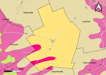Carte montrant en couleurs le zonage géologique simplifié d'une commune
