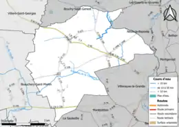 Carte en couleur présentant le réseau hydrographique de la commune