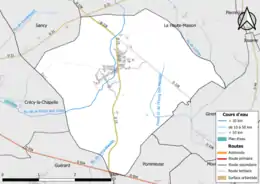 Carte en couleur présentant le réseau hydrographique de la commune