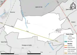 Carte en couleur présentant le réseau hydrographique de la commune