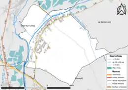 Carte en couleur présentant le réseau hydrographique de la commune