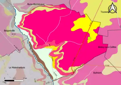 Carte montrant en couleurs le zonage géologique simplifié d'une commune