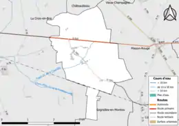 Carte en couleur présentant le réseau hydrographique de la commune