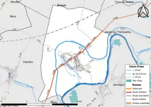 Carte en couleur présentant le réseau hydrographique de la commune