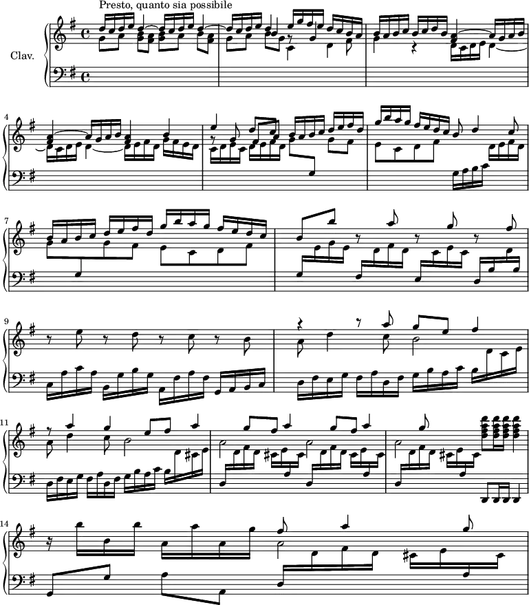 
\version "2.18.2"
\header {
  tagline = ##f
}

upper = \relative c'' {
  \clef treble 
  \key g \major
  \time 4/4
  \tempo 2 = 76
  \set Staff.midiInstrument = #"harpsichord"

      s8*0^\markup{Presto, quanto sia possibile}
      \stemUp \repeat unfold 3 { d16 c d e d4^~ } | e16 g fis e  d c b a | b a b c  b c d b \repeat unfold 2 { < fis a >4^~ a16 g a b } |
      % ms. 4 fin
      < fis a >4 b << { e4 d8 c } \\ { g8\rest \stemUp \shiftOnnn g8 fis[ a] } >> \stemUp b16 a b c d e fis d | g b a g fis e d c b8 d4 c8 |
      % ms. 7
      b16 a b c  d e fis d  g b a g  fis e d c | b8 b' r8 a8 r8 g8 r8 fis8 |
      % ms. 9
      \stemNeutral r8 e8 r8 d8  r8 c8 r8 b8 |
      % ms. 10
      << { r4 r8 a' g e8 | fis4 r8 a4 g e8 | \repeat unfold 3 { fis8 a4 g8 } } \\ { a,8 d4 c8 b2 | a8 d4 c8 b2 | a2 a | a } >>
      % ms. 13 fin
      < d fis a d >8 q16 q q4 | r16 b'16 b, b' a, a' a, g' << { fis8 a4 g8 } \\ { a,2 } >>

}

lower = \relative c' {
  \clef bass
  \key g \major
  \time 4/4
  \set Staff.midiInstrument = #"harpsichord"

    % **************************************
      \stemDown \change Staff = "upper" g'8 a < g b >[ < fis a >] < g b > a b[ < fis a >] | << { \shiftOnnn s4 b4 g8\rest g4 \stemDown fis8 g4 } \\ { g8 a b[ g] c,4 d } >> r4 \repeat unfold 2 { d16 c d e d4_~ } |
      % ms. 4
      d16 e fis d  g16 fis e d | c d e c d e fis d g8 \stemUp \change Staff = "lower" g,8 \stemDown \change Staff = "upper" g'8[ fis] | e c d fis \change Staff = "lower" g,16 a b c  \stemDown \change Staff = "upper" d16 e fis d |
      % ms. 7
      g8 \stemUp \change Staff = "lower" g,8 \stemDown \change Staff = "upper" g'8 fis | e c d fis 
      % ms. 8
      \stemUp \change Staff = "lower" g,16  \stemDown \change Staff = "upper" e' g e \stemUp \change Staff = "lower" fis,16 \stemDown \change Staff = "upper" d' fis d \stemUp \change Staff = "lower" e,16 \stemDown \change Staff = "upper" c' e c \stemUp \change Staff = "lower" d, b' \stemDown \change Staff = "upper" d |
      % ms. 9
      \stemUp \change Staff = "lower" b16 \stemNeutral c, a' c a b, g' b g a, fis' a fis g,16 a b c |
      % ms. 10
      d16 fis e g fis a d, fis g b a c b \stemDown \change Staff = "upper" d c e | \change Staff = "lower"  d,16 fis e g fis a d, fis g b a c b \stemDown \change Staff = "upper" d cis e | \repeat unfold 3 { \stemUp \change Staff = "lower"  d, \stemDown \change Staff = "upper" d' fis d cis e \stemUp \change Staff = "lower" a, \stemDown \change Staff = "upper" cis }
      % ms. 13 fin
      \stemNeutral \change Staff = "lower" d,,8 d16 d d4 | g8[ g'] a a,  d16 \stemDown \change Staff = "upper" d' fis  d cis e \stemUp \change Staff = "lower"  a, \stemDown \change Staff = "upper" cis

}

thePianoStaff = \new PianoStaff <<
    \set PianoStaff.instrumentName = #"Clav."
    \new Staff = "upper" \upper
    \new Staff = "lower" \lower
  >>

\score {
  \keepWithTag #'print \thePianoStaff
  \layout {
      #(layout-set-staff-size 17)
    \context {
      \Score
     \override SpacingSpanner.common-shortest-duration = #(ly:make-moment 1/2)
      \remove "Metronome_mark_engraver"
    }
  }
}

\score {
  \keepWithTag #'midi \thePianoStaff
  \midi { }
}
