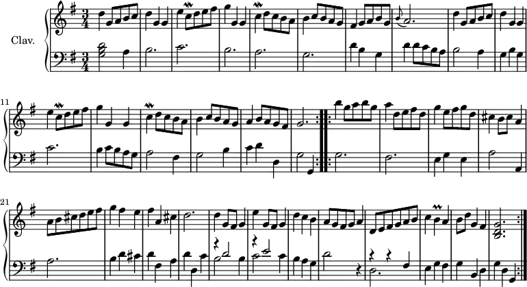 \version "2.18.2"
\header {
  tagline = ##f
  % composer = "Christian Petzold"
  % opus = ""
  % meter = "Menuet"
}
%% les petites notes
trillCq     = { \tag #'print { c8\mordent } \tag #'midi { c32 b c~ c } }
trillC      = { \tag #'print { c4\mordent } \tag #'midi { c32 b c16~ c8 } }
trillDq     = { \tag #'print { d8\mordent } \tag #'midi { d32 c d~ d } }
graceBA     = { \tag #'print { \grace b8( a2.) } \tag #'midi { b4 a2 } }
trillB      = { \tag #'print { b4\prall } \tag #'midi { c32 b c b~ b8 } }
upper = \relative c'' {
  \clef treble 
  \key g \major
  \time 3/4
  \tempo 2 = 72
  \repeat volta 2 {
      % Menuet en sol majeur (BWV Anh 114)
      d4 g,8 a b c | d4 g, g | e' \trillCq d8 e fis | g4 g, g | \trillC d8 c8 b a | b4 c8 b a g | fis4 g8 a b g | \graceBA |
      % ms. 9
      d4 g,8 a b c | d4 g, g | e' \trillCq d8 e fis | g4 g, g | \trillC d8 c b a | b4 c8 b a g | a4 b8 a g   \tempo 2 = 62 fis |   \tempo 2 = 52 g2.   \tempo 2 = 72 }%repet
      % ms. 17
  \repeat volta 2 {
      b'4 g8 a b g | a4 d,8 e fis d | g4 e8 fis g d | cis4 b8 cis a4 | a8 b cis d e fis | g4 fis e | fis a, cis | d2. |
      % ms. 25
      d4 g,8 fis g4 | e' g,8 fis g4 | d'4 c b | a8 g fis g a4 | d,8 e fis g a b | c4 \trillB a4 | b8 d g,4   \tempo 2 = 62 fis |   \tempo 2 = 52 < b, d g >2.   \tempo 2 = 72 }%repet
}
lower = \relative c' {
  \clef bass
  \key g \major
  \time 3/4
  \repeat volta 2 {
    % ************************************** \appoggiatura a16  \repeat unfold 2 {  } \times 2/3 { }   \omit TupletNumber 
      < g b d >2 a4 | b2. | c  | b | a | g | d'4 b4 g4 | d'4 d8 c b a | 
      % ms. 9
      b2 a4 | g4 b g | c2. | b4 c8 b a g | a2 fis4 | g2 b4 | c4 d4 d, | g2 g,4 }%repet
      % ms. 17
  \repeat volta 2 {
      g'2. | fis | e4 g e | a2 a,4 | a'2. | b4 d cis | d fis, a | d d, c'~
      % ms. 25
      << { r4 d2 | r4 e2 } \\ { b2 b4 | c2 c4 } >> | b4 a g | d'2 r4 | << { r4 r4 fis,4 }\\ { d2. } >> | e4 g fis | g b, d | g d \tempo 2 = 22 g, \tempo 2 = 72 }%repet
      
}
thePianoStaff = \new PianoStaff <<
    \set PianoStaff.instrumentName = #"Clav."
    \new Staff = "upper" \upper
    \new Staff = "lower" \lower
  >>
\score {
  \keepWithTag #'print \thePianoStaff
  \layout {
      #(layout-set-staff-size 17)
    \context {
      \Score
     \override TupletBracket.bracket-visibility = ##f
     \override SpacingSpanner.common-shortest-duration = #(ly:make-moment 1/2)
      \remove "Metronome_mark_engraver"
    }
  }
}
\score {
  \unfoldRepeats
  \keepWithTag #'midi \thePianoStaff
  \midi { \set Staff.midiInstrument = #"harpsichord" }
}