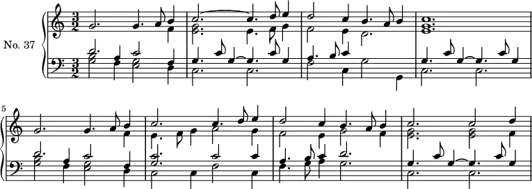 \version "2.14.2"
\header {
tagline = ##f
}
upper = \relative c'' {
\clef treble
\key a \minor
\time 3/2
\tempo 2 = 78
\autoBeamOff
\set Staff.midiInstrument = #"harpsichord"
<< { g2. g4. a8 b4 } \\ { s2 s2 s4 f4 } >>
<< { c'2.~ c4. d8 e4 } \\ { << g,2. e2. >> e4. f8 g4 } >>
<< { d'2 c4 b4. a8 b4 } \\ { f2 e4 d2. } >>
<< c'1. g1. e1. >>
<< { g2. g4. a8 b4 } \\ { s2 s2 s4 f4 } >>
<< { c'2. c4. d8 e4 } \\ { e,4. f8 g4 a2 g4 } >>
<< { d'2 c4 b4. a8 b4 } \\ { f2 e4 g2 f4 } >>
<< { c'2. c2 d4 } \\ { << g,2. e2. >> << g2 e2 >> f4 } >>
}
lower = \relative c {
\clef bass
\key a \minor
\time 3/2
\set Staff.midiInstrument = #"harpsichord"
<< { d'2. c2 f,4 } \\ { << b2 g2 >> f4 << g2 e2 >> d4 } \\ { s2 a'4 } >>
<< { g4. c8 g4~ g4. c8 g4 } \\ { c,2. c2. } >>
<< { a'4. b8 c4 } \\ { f,2 c4 g'2 g,4 } >>
<< { g'4. c8 g4~ g4. c8 g4 } \\ { c,2. c2. } >>
<< { d'2. c2 f,4 } \\ { << b2 g2 >> f4 << g2 e2 >> d4 } \\ { s2 a'4 } >>
<< { << c2. g2. >> c2 c4 } \\ { c,2 c4 f2 c4 } >>
<< { a'4. b8 c4 d2. } \\ { f,4. g8 a4 g2. } >>
<< { g4. c8 g4~ g4. c8 g4~ } \\ { c,2. c2. } >>
}
\score {
\new PianoStaff <<
\set PianoStaff.instrumentName = #"No. 37"
\new Staff = "upper" \upper
\new Staff = "lower" \lower
>>
\layout {
\context {
\Score
\remove "Metronome_mark_engraver"
}
}
\midi { }
}