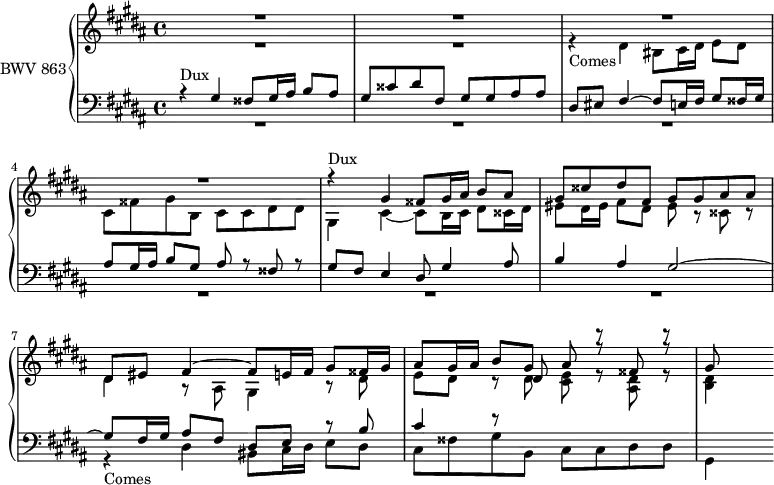 
\version "2.18.2"
\header {
  tagline = ##f
}

DuxNotes      = \relative { r4 gis4 fisis8 gis16 ais b8 ais gis cisis dis fis, gis gis ais ais dis, }
Dux           = { s4*0^\markup{Dux} \DuxNotes }
Comes         = { r4_\markup{Comes} dis4 bis8 cis16 dis e8 dis cis fisis gis b, cis cis dis dis }
ContreSujet  = { cis4~ cis8 b16 cis dis8 cisis16 dis eis8 dis16 eis fis8 dis eis r8 cisis r8  }
ContreSujetS = { gis4 ais8 b4 ais gis2~ }

upper = \relative c' 
{
  \clef treble 
  \key gis \minor
  \time 4/4
  \tempo 4 = 63
  \set Staff.midiInstrument = #"harpsichord" 

   %% FUGUE CBT I-18, BWV 863, sol-dièse mineur

   << { R1*4 \transpose gis gis' { \relative \Dux }  eis8 \transpose cis fis \relative c' { \ContreSujet } gis8 } \\ { R1*2 \transpose dis dis' { \relative \Comes gis,4 } \transpose gis gis' { \relative \ContreSujet dis4 } r8 ais,8 gis4 r8 dis'8 e dis r8 \stemUp \mergeDifferentlyHeadedOn \shiftOn dis \stemDown < cis e >8 r8 < dis ais > r8 < dis b >4 } >> %% À faire : fusion des deux ré ?

}

lower = \relative c'
 {
  \clef bass 
  \key gis \minor
  \time 4/4
  \set Staff.midiInstrument = #"harpsichord" 
    
  << { \Dux eis,8 \transpose cis fis \relative { \ContreSujet } \tag #'print gis8 \tag #'midi r8 fis8 e4 dis8 \ContreSujetS gis8 fis16 gis ais8 fis dis e r8 b'8 cis4 r8 \stemDown \change Staff = "upper" dis8 s8 r8 s8 r8 } \\ { R1*6  \relative c { \Comes gis,4 } } >>
  
} 

 thePianoStaff = \new PianoStaff <<
    \set PianoStaff.instrumentName = #"BWV 863"
    \new Staff = "upper" \upper
    \new Staff = "lower" \lower
  >>

\score {
  \keepWithTag #'print \thePianoStaff
  \layout {
    \context {
      \Score
      \remove "Metronome_mark_engraver"
      %\override SpacingSpanner.common-shortest-duration = #(ly:make-moment 1/3) 
    }
  }
}

\score {
  \keepWithTag #'midi \thePianoStaff
  \midi { }
}
