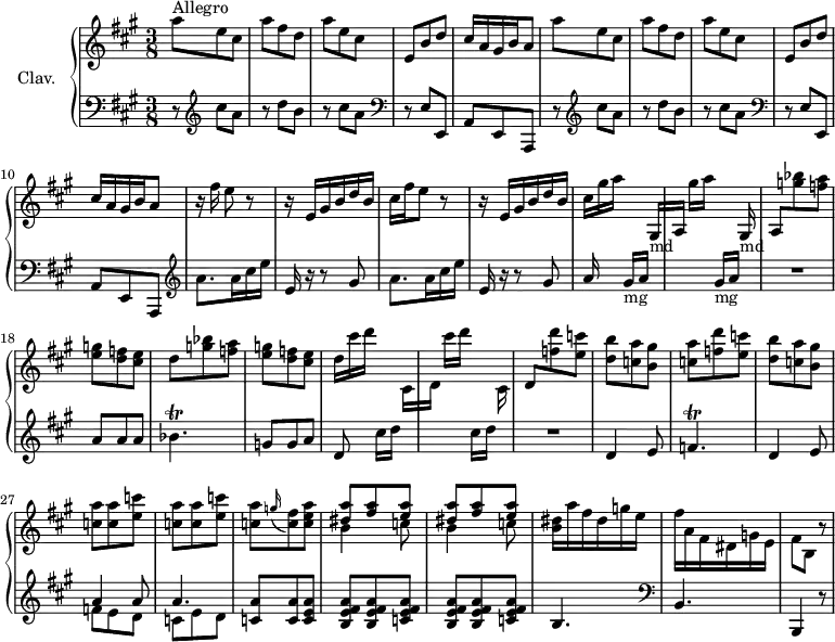 
\version "2.18.2"
\header {
  tagline = ##f
  % composer = "Domenico Scarlatti"
  % opus = "K. 182"
  % meter = "Allegro"
}

%% les petites notes
trillBesp     = { \tag #'print { bes4.\trill } \tag #'midi { c32 bes c bes~ bes4 } }
trillFp       = { \tag #'print { f4.\trill } \tag #'midi { g32 f g f~ f4 } }

upper = \relative c'' {
  \clef treble 
  \key a \major
  \time 3/8
  \tempo 4. = 62
  \set Staff.midiInstrument = #"harpsichord"
  \override TupletBracket.bracket-visibility = ##f

      s8*0^\markup{Allegro}
      \repeat unfold 2 { a'8 e cis | a' fis d | a' e cis | e, b' d | cis16 a gis b   \tempo 4. = 50 a8 \tempo 4. = 62 } |
      % ms. 11
      \autoBeamOff r16 fis'16 e8 r8 \autoBeamOn | r16 e,16 gis b d b | cis fis e8 r8 | 
      % ms. 14
      r16 e,16 gis b d b | cis gis' a s8 gis,,16[-\markup{md} | a] gis''[ a] s8 gis,,16-\markup{md} \stemUp a8 \stemDown < g'' bes > < f a > | < e g > < d f > < cis e > | d8 < g bes > < f a > |
      % ms. 20
       < e g > < d f > < cis e > | d16 cis' d s8 cis,,16[ | d] cis''[ d] s8 cis,,16 | \stemUp d8 \stemDown < f' d' >8 < e c' > | < d b' > < c a' > < b gis' > | < c a' > < f d' >8 < e c' > |
      % ms. 26
      < d b' > < c a' > < b gis' > | \repeat unfold 2 { < c a' > q < e c' > } | < c a' >8 \appoggiatura g'16 < c, fis >8 < c e a > | \repeat unfold 2 { << { < dis a' >8  < fis a > < e a > } \\ { b4 c8 } >> } | < b dis >16 a' fis dis g e |
      % ms. 33
      fis16 a, fis dis g e | fis8 b, r8 |

}

lower = \relative c' {
  \clef bass
  \key a \major
  \time 3/8
  \set Staff.midiInstrument = #"harpsichord"
  \override TupletBracket.bracket-visibility = ##f

    % ************************************** \appoggiatura \repeat unfold 2 {  } \times 2/3 { }
      \repeat unfold 2 { r8   \clef treble  cis'8 a | r8 d b | r8 cis a    \clef bass | r8 e,8 e,  | a e a, } |   \clef treble 
      % ms. 11
      \repeat unfold 2 { a'''8. a16 cis e | e,16 r16 r8 gis8 } | a16 s8 gis16[-\markup{mg} a] s8 | s8 gis16[-\markup{mg} a] s16 | R4. | a8 a a | \trillBesp |
      % ms. 20
      g8 g a | d,8 s16 cis'16[ d] s4 cis16[ d] s16 | R4. | d,4 e8 | \trillFp | 
      % ms. 26
      d4 e8 | << { a4 a8 | a4. } \\ { f8 e d | c e d } >> | < c a' > q < c e a > | \repeat unfold 2 { < b e fis a > q < c e fis a > } b4. |   \clef bass
      % ms. 33
      b,4. | b,4 r8

}

thePianoStaff = \new PianoStaff <<
    \set PianoStaff.instrumentName = #"Clav."
    \new Staff = "upper" \upper
    \new Staff = "lower" \lower
  >>

\score {
  \keepWithTag #'print \thePianoStaff
  \layout {
      #(layout-set-staff-size 17)
    \context {
      \Score
     \override SpacingSpanner.common-shortest-duration = #(ly:make-moment 1/2)
      \remove "Metronome_mark_engraver"
    }
  }
}

\score {
  \keepWithTag #'midi \thePianoStaff
  \midi { }
}
