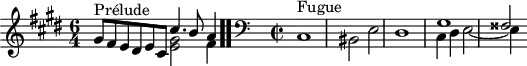 
\version "2.18.2"
\header {
  tagline = ##f
}

\score {
  \new Staff \with {
%fontSize = #-2
  }
<<
  \relative c'' {
    \key cis \minor
    \time 6/4

     %% INCIPIT CBT I-18, BWV 849, ut-dièse mineur
     << { s4*0^\markup{Prélude} gis8 fis e dis e cis cis'4. b8 a4 } \\ { s2. < gis e >2 fis4 } >> \bar ".."

     \skip 16*1
     \override Staff.Clef.extra-offset = #'( -1 . 0 )
     \time 2/2 
     \clef bass
     << { \relative c' { s1*3 gis1 fisis2 } } \\ { \relative c { cis1^\markup{Fugue} bis2 e dis1 cis4 dis e2~ e4 } } >>

  }
>>
  \layout {
     \context { \Score \remove "Metronome_mark_engraver" 
     \override SpacingSpanner.common-shortest-duration = #(ly:make-moment 1/2) 
}
  }
  \midi {}
}
