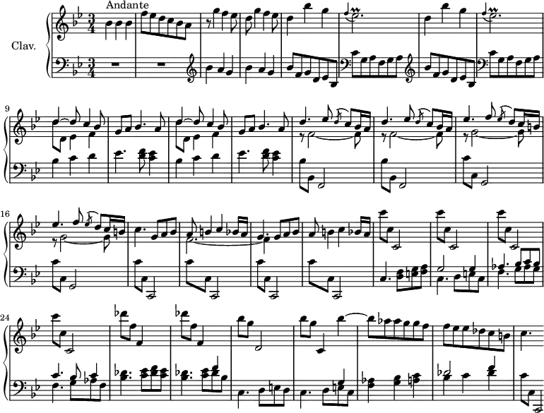 \version "2.18.2"
\header {
tagline = ##f
}
%% les petites notes
trillAesq = { \tag #'print { aes8\prall } \tag #'midi { bes32 aes bes aes } }
trillEesAppo = { \tag #'print { \appoggiatura f4 ees2.\prall } \tag #'midi { f4 f32 ees f ees~ ees8~ ees4 } }
upper = \relative c'' {
\clef treble
\key bes \major
\time 3/4
\tempo 4. = 72
\set Staff.midiInstrument = #"harpsichord"
s8*0^\markup{Andante}
bes4 bes bes | f'8 ees d c bes a | r8 g'4 f ees8 | d g4 f ees8 | \repeat unfold 2 { d4 bes' g |
% ms. 6
\trillEesAppo } | \repeat unfold 2 { << { d4~ d8 c4 bes8 | g a bes4. a8 } \\ { d8 d, ees4 f } >> } |
% ms. 13
\repeat unfold 2 { << { d'4. ees8 \acciaccatura d8 c8 bes16 a } \\ { r8 f2~ f8 } >> } |
% ms. 15
\repeat unfold 2 { << { ees'4. f8 \acciaccatura ees8 d8 c16 b } \\ { r8 g2~ g8 } >> } | c4. g8 a bes |
% ms. 18
<< { a8 b4 c bes16 a | g4. g8 a bes } \\ { f2.~ | f4 } >> | a8 b4 c bes16 a | \repeat unfold 4 { c'8 c, c,2 } |
% ms. 25
\repeat unfold 2 { des''8 f, f,4 s4 } | bes'8 g d,2 | bes''8 g c,,4 bes''4~ |
% ms. 29
bes8 aes aes g g f | f ees ees des c b | c4.
}
lower = \relative c' {
\clef bass
\key bes \major
\time 3/4
\set Staff.midiInstrument = #"harpsichord"
% **************************************
R2.*2 | \clef treble \repeat unfold 2 { bes'4 a g } | \repeat unfold 2 { \clef treble bes8 f g d ees bes | \clef bass c8 g a f g a } |
% ms. 9
\repeat unfold 2 { bes4 c d | ees4. < d f >8 < c ees >4 }
% ms. 13
\repeat unfold 2 { bes8 bes, f2 } | \repeat unfold 2 { c''8 c, g2 } | \repeat unfold 4 { c'8 c, c,2 } |
% ms. 21
c'4. < d f >8 < e g > < f a > | << { g2 g4 | aes4. bes8 c bes } \\ { c,4. d8 e c | f4. g8 aes g } >>
% ms. 24
<< { c4. bes8 c4 } \\ { f,4. g8 aes f } >> | < bes des >4. < c ees >8 < des f > < c ees > | << { s2 f4 s2. s2 g,4 } \\ { < bes des >4. < c ees >8 des bes | c,4. d8 e d | c4. d8 e c } >>
% ms. 29
< f aes >4 < g bes > < a c > | << { des2 f4 } \\ { bes,4 c des } >> | c8 c, c,2*1/4
}
thePianoStaff = \new PianoStaff <<
\set PianoStaff.instrumentName = #"Clav."
\new Staff = "upper" \upper
\new Staff = "lower" \lower
>>
\score {
\keepWithTag #'print \thePianoStaff
\layout {
#(layout-set-staff-size 17)
\context {
\Score
\override SpacingSpanner.common-shortest-duration = #(ly:make-moment 1/2)
\remove "Metronome_mark_engraver"
}
}
}
\score {
\keepWithTag #'midi \thePianoStaff
\midi { }
}