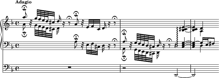 \new Score <<
\new PianoStaff <<
\new Staff <<
\new Voice \relative c''' {
\set PianoStaff.connectArpeggios = ##t
\override Score.NonMusicalPaperColumn #'line-break-permission = ##f
\key d \minor
\tempo Adagio
\voiceOne
a8 \fermata \mordent b,32 \rest g'64 f e d cis32 d16 b \rest b8 \rest \fermata
a \fermata \mordent b32 \rest e, f cis d16 b' \rest b8 \rest \fermata |
s2. \oneVoice <bes, cis e>4 ~ \arpeggio
<bes cis e>4 d
}
\new Voice \relative c'' {
\voiceTwo
a8 \fermata \mordent s32 g64 f e d cis32 d16 s8. s2 |
s1
s4 a
}
>>
\new Staff <<
\new Voice \relative c' {
\clef "bass"
\key d \minor
s2 a8 \fermata \mordent d,32 \rest e f cis d16 d \rest d8 \rest \fermata |
\voiceOne
a'8 \fermata \mordent d,32 \rest g64 f e d cis32 d16 d16 \rest d8 \rest \fermata d4 \rest <cis e g>4 ~ \arpeggio |
<cis e g> ~ g'16 e fis8
}
\new Voice \relative c {
\voiceTwo
s1
a8 \fermata \mordent s32 g64 f e d cis32 d16 s8. s2 |
s4 d'4
}
>>
>>
\new Staff \relative c, {
\clef "bass"
\key d \minor
R1 |
r2 d ~ |
d
}
>>