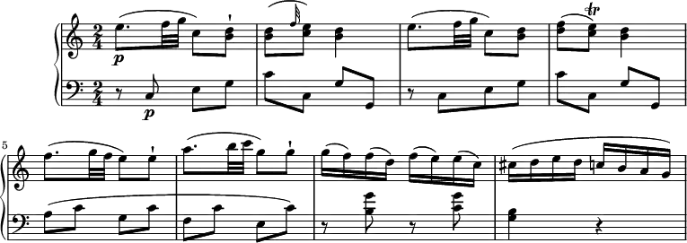 
\version "2.18.2"
\header {
  tagline = ##f
}
upper = \relative c'' {
    \tempo "Allegretto"
    \key c \major
     \time 2/4
    \tempo 4 = 80
   e8. \p (f32 g c,8) <b d>-!
    <b d> ( \grace f'32 <c e>8) <b d>4
    e8.  (f32 g c,8) <b d>
    <d f> (<c e> \trill ) <b d>4
    f'8.  (g32 f e8) e-!
    a8. (b32 c g8) g-!
    g16 (f) f (d) f (e) e (c)
    cis (d e d c b a g)
  }

lower =\relative c' {
    \clef "bass"
    \key c  \major
    \time 2/4
      r8 c, \p e g
      c c, g' g,
      r8 c  [e g]
      c c, g' g,
      a' (c g c f, c' e, c')
      r <b g'> r <c g'>
      <g b>4 r
       
  }
\score {
  \new PianoStaff <<  
    \new Staff = "upper" \upper
    \new Staff = "lower" \lower
  >>
  \layout {
    \context {
      \Score
      \remove "Metronome_mark_engraver"
    }
  }
  \midi { }
}
