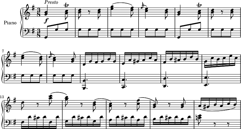 \version "2.18.2"
\header {
tagline = ##f
}
upper = \relative c' {
\clef treble
\key g \major
\time 3/8
\tempo "Presto"
\tempo 4 = 145
%\autoBeamOff
<g' b>4 \f ^\markup{ \italic {Presto } } <a c>8 \trill
<b d> r <b d>
<e g>4 (<d fis>8)
\grace fis16 ^(<c e>4) <b d>8
<g b>4 <a c>8 \trill
<b d> r <b d>
<c e>4 (<b d>8)
\grace d16 ^(<a c>4) <g b>8
d16 g fis g b g
e a gis a c a
fis b ais b d b
g c b c e c
d8 r <a' c>
(<g b>) r <b, d>
(<a c>) r <c fis>
(<b g>) r <g b>
a16 (gis b a c b)
}
lower = \relative c {
\clef bass
\key g \major
\time 3/8
g8 g' \repeat unfold 10 {g}
g,8 g' \repeat unfold 10 {g}
<b,, b'>4. <c c'> <d d'> <e e'>
fis'16 d' cis d fis, d'
g, d' cis d g, d'
a d cis d a d
b d cis d b d
<c! e>8 r r
}
\score {
\new PianoStaff <<
\set PianoStaff.instrumentName = #"Piano"
\new Staff = "upper" \upper
\new Staff = "lower" \lower
>>
\layout {
\context {
\Score
\remove "Metronome_mark_engraver"
}
}
\midi { }
}
