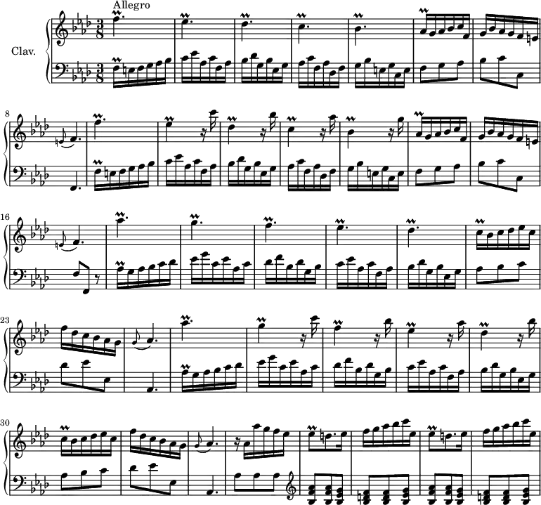 \version "2.18.2"
\header {
tagline = ##f
% composer = "Domenico Scarlatti"
% opus = "K. 187"
% meter = "Allegro"
}
%% les petites notes
trillBesp = { \tag #'print { bes4.\prall } \tag #'midi { c32 bes c bes~ bes4 } }
trillCp = { \tag #'print { c4.\prall } \tag #'midi { des32 c des c~ c4 } }
trillCqqDown = { \tag #'print { c,16\prall } \tag #'midi { \times 2/3 { c32 des c } } }
trillEesp = { \tag #'print { ees4.\prall } \tag #'midi { f32 ees f ees~ ees4 } }
trillFp = { \tag #'print { f4.\prall } \tag #'midi { g32 f g f~ f4 } }
trillFpUp = { \tag #'print { f'4.\prall } \tag #'midi { g32 f g f~ f4 } }
trillDesp = { \tag #'print { des4.\prall } \tag #'midi { ees32 des ees des~ des4 } }
trillDes = { \tag #'print { des4\prall } \tag #'midi { ees32 des ees des~ des8 } }
trillAesqq = { \tag #'print { aes16\prall } \tag #'midi { \times 2/3 { f32 g f } } }
trillEes = { \tag #'print { ees4\prall } \tag #'midi { f32 ees f ees~ ees8 } }
trillEesDown = { \tag #'print { ees,4\prall } \tag #'midi { f32 ees f ees~ ees8 } }
trillDesDown = { \tag #'print { des,4\prall } \tag #'midi { ees32 des ees des~ des8 } }
trillCDown = { \tag #'print { c,4\prall } \tag #'midi { des32 c des c~ c8 } }
trillBesDown = { \tag #'print { bes,4\prall } \tag #'midi { c32 bes c bes~ bes8 } }
trillAesqqDown = { \tag #'print { aes,16\prall } \tag #'midi { \times 2/3 { aes32 bes aes } } }
trillAespUp = { \tag #'print { aes'4.\prall } \tag #'midi { bes32 aes bes aes~ aes4 } }
trillGp = { \tag #'print { g4.\prall } \tag #'midi { aes32 g aes g~ g4 } }
trillCqq = { \tag #'print { c16\prall } \tag #'midi { \times 2/3 { c32 des c } } }
trillAespUp = { \tag #'print { aes'4.\prall } \tag #'midi { bes32 aes bes aes~ aes4 } }
trillG = { \tag #'print { g4\prall } \tag #'midi { aes32 g aes g~ g8 } }
trillFDown = { \tag #'print { f,4\prall } \tag #'midi { g32 f g f~ f8 } }
trillFqqDown = { \tag #'print { f,16\prall } \tag #'midi { \times 2/3 { f32 g f } } }
trillFqqUp = { \tag #'print { f'16\prall } \tag #'midi { \times 2/3 { f32 g f } } }
trillAesqqUp = { \tag #'print { aes'16\prall } \tag #'midi { \times 2/3 { f32 g f } } }
trillEesq = { \tag #'print { ees8\prall } \tag #'midi { f32 ees f ees } }
appoGAesp = { \tag #'print { \appoggiatura g8 aes4. } \tag #'midi { g4 aes8 } }
appoGEFp = { \tag #'print { \appoggiatura e8 f4. } \tag #'midi { e4 f8 } }
upper = \relative c'' {
\clef treble
\key f \minor
\time 3/8
\tempo 4. = 78
\set Staff.midiInstrument = #"harpsichord"
\override TupletBracket.bracket-visibility = ##f
s8*0^\markup{Allegro}
\trillFp \trillEesp \trillDesp \trillCp \trillBesp
% ms. 6
\trillAesqq g16 aes bes c f, | g bes aes g f e | \appoGEFp | \trillFpUp \trillEes r16 c'16 | \trillDesDown r16 bes'16 |
% ms. 12
\trillCDown r16 aes'16 | \trillBesDown r16 g'16 | \trillAesqqDown g16 aes bes c f, | g bes aes g f e | \appoGEFp | \trillAespUp |
% ms. 18
\trillGp \trillFp \trillEesp \trillDesp | \trillCqq bes16 c des ees c | f des c bes aes g |
% ms. 24
\appoGAesp | \trillAespUp \trillG r16 c16 | \trillFDown r16 bes16 | \trillEesDown r16 aes16 | \trillDesDown r16 bes'16 |
% ms. 30
\trillCqqDown bes16 c des ees c | f des c bes aes g | \appoGAesp |
% ms. 33
r16 aes16 aes' g f ees | \repeat unfold 2 { \trillEesq d8. ees16 | f g aes bes c ees, } |
% ms. 36
}
lower = \relative c' {
\clef bass
\key f \minor
\time 3/8
\set Staff.midiInstrument = #"harpsichord"
\override TupletBracket.bracket-visibility = ##f
% ************************************** \appoggiatura a16 \repeat unfold 2 { } \times 2/3 { } \omit TupletNumber
\trillFqqDown e16 f g aes bes | c ees aes, c f, aes | bes des g, bes ees, g | aes c f, aes des, f | g bes e, g c, e |
% ms. 6
f8 g aes | bes c c, | f,4. | \trillFqqUp e16 f g aes bes | c ees aes, c f, aes | bes des g, bes ees, g | aes c f, aes des, f | g bes e, g c, e | f8 g aes | bes c c, | f f, r8 | \repeat unfold 2 { \trillAesqqUp g16 aes bes c des |
% ms. 12
ees16 g c, ees aes, c | des f bes, des g, bes | c ees aes, c f, aes | bes des g, bes ees, g | aes8 bes c | des ees ees, |
% ms. 18 et répet
aes,4. } |
% ms. 33–36
aes'8 aes aes | \clef treble \repeat unfold 2 { < bes f' aes >8 q < bes ees g > | < bes d f > q < bes ees g > }
}
thePianoStaff = \new PianoStaff <<
\set PianoStaff.instrumentName = #"Clav."
\new Staff = "upper" \upper
\new Staff = "lower" \lower
>>
\score {
\keepWithTag #'print \thePianoStaff
\layout {
#(layout-set-staff-size 17)
\context {
\Score
\override SpacingSpanner.common-shortest-duration = #(ly:make-moment 1/2)
\remove "Metronome_mark_engraver"
}
}
}
\score {
\keepWithTag #'midi \thePianoStaff
\midi { }
}