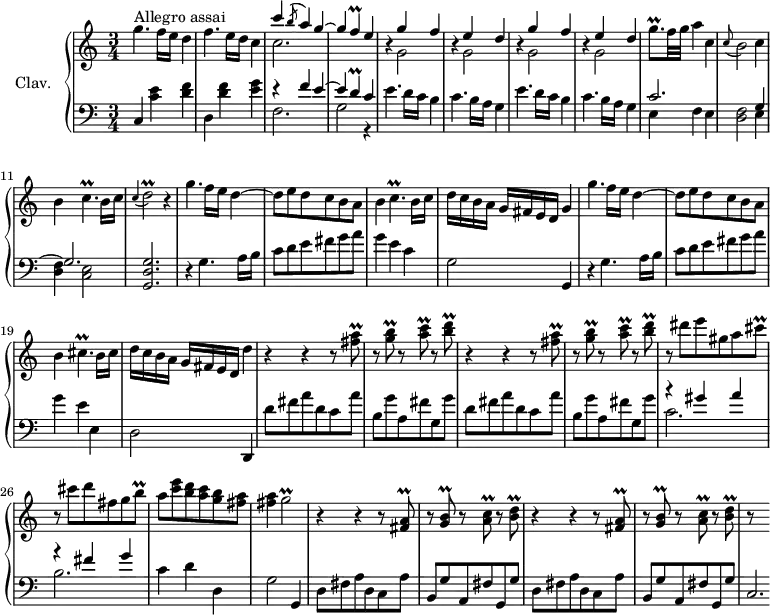 
\version "2.18.2"
\header {
  tagline = ##f
  % composer = "Domenico Scarlatti"
  % opus = "K. 527"
  % meter = "Allegro assai"
}

%% les petites notes
trillGb      = { \tag #'print { g2\prall } \tag #'midi { a32 g a g~ g4. } }
trillD       = { \tag #'print { d4\prall } \tag #'midi { e32 d e d~ d8 } }
trillF       = { \tag #'print { f4\prall } \tag #'midi { g32 f g f~ f8 } }
trillGqpUp   = { \tag #'print { g'8.\prall } \tag #'midi { a32 g a g~ g16 } }
trillFisAq   = { \tag #'print { < fis a >8\prall } \tag #'midi { << { b32 a b a } \\ { fis8 } >> } }
trillGBq     = { \tag #'print { < g b >8\prall } \tag #'midi { << { c32 b c b } \\ { g8 } >> } }
trillACq     = { \tag #'print { < a c >8\prall } \tag #'midi { << { d32 c d c } \\ { a8 } >> } }
trillBDq     = { \tag #'print { < b d >8\prall } \tag #'midi { << { e32 d e d } \\ { b8 } >> } }
trillbq      = { \tag #'print { b8\prall } \tag #'midi { cis32 b cis b } }
trillcisq    = { \tag #'print { cis8\prall } \tag #'midi { d32 cis d cis } }
trillCp      = { \tag #'print { c4.\prall } \tag #'midi { d32 c d c~ c4 } }
trillDb      = { \tag #'print { d2\prall } \tag #'midi { e32 d e d~ d4. } }
trillCisp    = { \tag #'print { cis4.\prall } \tag #'midi { d32 cis d cis~ cis4 } }

upper = \relative c'' {
  \clef treble 
  \key c \major
  \time 3/4
  \tempo 4 = 110

      s8*0^\markup{Allegro assai}
      g'4. f16 e d4 | f4.e16 d c4 | << { c'4 \acciaccatura b8 a4 g~| g \trillF e4 } \\ { c2. } >>
      % ms. 5
      \repeat unfold 2 { << { s4 g'4 f s4 e4 d } \\ { \repeat unfold 2 { b4\rest g2 } } >> } | \trillGqpUp f32 g a4 c, |
      % ms. 10
      \appoggiatura c8 b2 c4 | b \trillCp b16 c | \appoggiatura c4 \trillDb r4 | g4. f16 e d4~ | d8 e d c b \tag #'print a8 \tag #'midi r8 |
      % ms. 15
      b4 \trillCp b16 c | d c b a g fis e d g4 | g'4. f16 e d4~ | d8 e d c b \tag #'print a8 \tag #'midi r8 | b4 \trillCisp b16 cis |
      % ms. 20
      d16 c b a g fis e d d'4 | \repeat unfold 2 { r4 r4 r8 \trillFisAq r8 \trillGBq r8 \trillACq r8 \trillBDq }
      % ms. 25
      r8 dis8 e gis, a \trillcisq | r8 cis8 d fis, g \trillbq | a8 < c e > < b d > < a c > < g b > < fis a > | q4 \trillGb |
      % ms. 29
      \repeat unfold 2 { r4 r4 b,8\rest \trillFisAq r8 \trillGBq r8 \trillACq r8 \trillBDq } | r8 s8

}

lower = \relative c' {
  \clef bass
  \key c \major
  \time 3/4

    % ************************************** \appoggiatura a16  \repeat unfold 2 {  } \times 2/3 { }   \omit TupletNumber 
      c,4 < c' e > < d f > | d, < d' f > < e g > | << { r4 f4 e~ | e \trillD c4 } \\ { f,2. | g2 r4 } >> |
      % ms. 5
      \repeat unfold 2 { e'4. d16 c b4 | c4. b16 a g4 } | << { c2. } \\ { e,4 f e } >>
      % ms. 10
      < d f >2 << { g4~ | g2. } \\ { e4 | < d f > < c e >2 } >> < g d' g >2. | r4 g'4. a16 b | c8 d e fis g a |
      % ms. 15
      g4 e c | g2 g,4 | r4 g'4. a16 b | c8 d e fis g a | g4 e e, |
      % ms. 20
      d2 d,4 | \repeat unfold 2 { d''8 fis a d, c a' | b, g' a, fis' g, g' }
      % ms. 25
      << { r4 gis4 a | r4 fis4 g } \\ { c,2. b } >> | c4 d d, | g2 g,4 |
      % ms. 29
      \repeat unfold 2 { d'8 fis a d, c a' | b, g' a, fis' g, g' } | c,2.*1/3

}

thePianoStaff = \new PianoStaff <<
    \set PianoStaff.instrumentName = #"Clav."
    \new Staff = "upper" \upper
    \new Staff = "lower" \lower
  >>

\score {
  \keepWithTag #'print \thePianoStaff
  \layout {
      #(layout-set-staff-size 17)
    \context {
      \Score
     \override TupletBracket.bracket-visibility = ##f
     \override SpacingSpanner.common-shortest-duration = #(ly:make-moment 1/2)
      \remove "Metronome_mark_engraver"
    }
  }
}

\score {
  \keepWithTag #'midi \thePianoStaff
  \midi { \set Staff.midiInstrument = #"harpsichord" }
}
