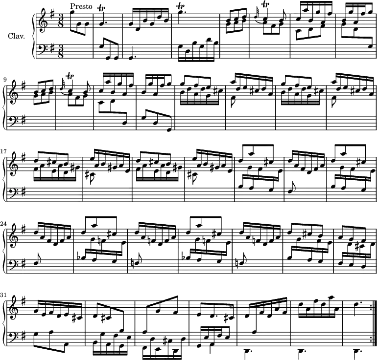 
\version "2.18.2"
\header {
  tagline = ##f
}

%% les petites notes
trillGp     = { \tag #'print { g4.\trill } \tag #'midi { a32 g a g a g~ g16~ g8 } }
trillGpUp   = { \tag #'print { g'4.\trill } \tag #'midi { a32 g a g a g~ g16~ g8 } }
trillCp     = { \tag #'print { \appoggiatura d32 c4\trill } \tag #'midi { d32 c d c d c~ c16~ } }

upper = \relative c'' {
  \clef treble 
  \key g \major
  \time 3/8
  \tempo 4. = 72
  \set Staff.midiInstrument = #"harpsichord"

  \repeat volta 2 {
    s8*0^\markup{Presto}
    g'8 g, g | \trillGp g16 d b' g d' b | \trillGpUp | \repeat unfold 2 { \stemUp b,8 c d | \trillCp b8 | c16 a' b, g' a, fis' | b, g'  a, fis' g8 } | \repeat unfold 2 { g8 fis e | a16 d, e cis d a } | \repeat unfold 2 { d8 cis b | e16 a, b gis a e } |
    % ms. 21
    \repeat unfold 2 { d'8 a' cis, | d16 a fis d fis a } | 
    % ms. 25
    d8 a' cis, | d16 a f d f a | d8 a' cis, | d16 a f d f a | d8 cis b | a g fis |
    % ms. 31
    g16 e fis d e cis | d8 cis \change Staff = "lower" b | a \change Staff = "upper" g' fis e d8. cis16 | d16 \change Staff = "lower" a \change Staff = "upper" fis' d a' fis \stemDown d' a fis' d a' a, | d4. }%reprise

}

lower = \relative c' {
  \clef bass
  \key g \major
  \time 3/8
  \set Staff.midiInstrument = #"harpsichord"

  \repeat volta 2 {
    % *****************************
     s4. | g8 g, g | g4. | g'16 d b' g d' b | \stemDown \change Staff = "upper" g'8 a b | a fis g | c, d fis | g d  \stemUp \change Staff = "lower" g, |
     % ms. 9 
     \stemDown \change Staff = "upper" g'8 a b | a fis g | c, d \stemUp \change Staff = "lower" d, | g d   \tempo 4. = 45 g, |   \tempo 4. = 72 \stemDown \change Staff = "upper" \repeat unfold 2 { b''16 d a d g, cis | fis,8 s4 } | 
     % ms. 17
     \repeat unfold 2 { fis16 a e a d, gis cis,8 s4 } | \repeat unfold 2 { \stemUp \change Staff = "lower" b16 \stemDown \change Staff = "upper" g' \stemUp \change Staff = "lower" a, \stemDown \change Staff = "upper" fis' \stemUp \change Staff = "lower" g, \stemDown \change Staff = "upper" e' | \stemUp \change Staff = "lower" fis,8 s4 } |
     % ms. 25
     \repeat unfold 2 { bes16 \stemDown \change Staff = "upper" g' \stemUp \change Staff = "lower" a, \stemDown \change Staff = "upper" f' \stemUp \change Staff = "lower" g, \stemDown \change Staff = "upper" e' | \stemUp \change Staff = "lower" f,8 s4 } | b16  \stemDown \change Staff = "upper" g' \stemUp \change Staff = "lower" a, \stemDown \change Staff = "upper" fis' \stemUp \change Staff = "lower" g, \stemDown \change Staff = "upper" e' | \stemUp \change Staff = "lower" fis, \stemDown \change Staff = "upper" d' \stemUp \change Staff = "lower" e, \stemDown \change Staff = "upper" cis' \stemUp \change Staff = "lower" d, \stemDown \change Staff = "upper" d' |
     % ms. 31
     \change Staff = "lower" g,8 a a, | b16 g' a, fis' g, e' | fis, d' e, cis' d, d' | << { g,16 e' a, fis' e8 } \\ { s8 a,4 } >> | d,4. d   \tempo 4. = 45 d   \tempo 4. = 72 }%reprise

} 

thePianoStaff = \new PianoStaff <<
    \set PianoStaff.instrumentName = #"Clav."
    \new Staff = "upper" \upper
    \new Staff = "lower" \lower
  >>

\score {
  \keepWithTag #'print \thePianoStaff
  \layout {
      #(layout-set-staff-size 17)
    \context {
      \Score
     \override SpacingSpanner.common-shortest-duration = #(ly:make-moment 1/2)
      \remove "Metronome_mark_engraver"
    }
  }
}

\score {
  \unfoldRepeats
  \keepWithTag #'midi \thePianoStaff
  \midi { }
}
