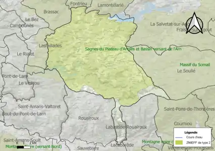 Carte des ZNIEFF de type 2 sur la commune.