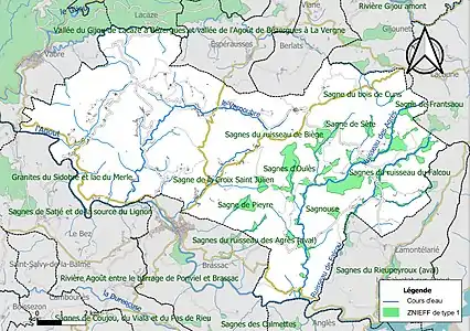 Carte des ZNIEFF de type 1 sur la commune.