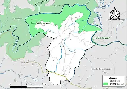 Carte des ZNIEFF de type 1 sur la commune.