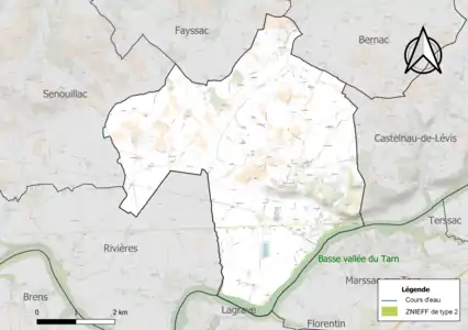 Carte de la ZNIEFF de type 2 sur la commune.