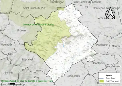 Carte de la ZNIEFF de type 2 sur la commune.