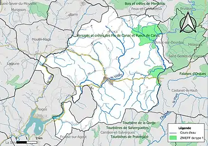 Carte des ZNIEFF de type 1 sur la commune.