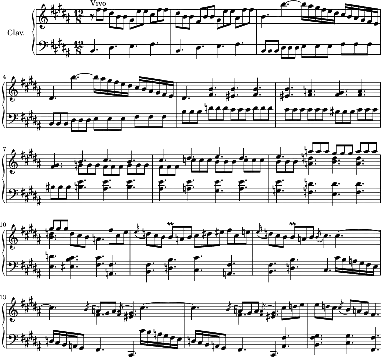 
\version "2.18.2"
\header {
  tagline = ##f
  % composer = "Domenico Scarlatti"
  % opus = "K. 262"
  % meter = "Vivo"
}

%% les petites notes
trillBq      = { \tag #'print { b8\prall } \tag #'midi { cis32 b cis b } }

upper = \relative c'' {
  \clef treble 
  \key b \major
  \time 12/8
  \tempo 4. = 92
  \set Staff.midiInstrument = #"harpsichord"
  \override TupletBracket.bracket-visibility = ##f

      s8*0^\markup{Vivo}
      r8 fis8 fis dis b b gis e' e cis fis fis | dis b b fis b b gis e' e ais, fis' fis | 
      % ms. 3
      b,4. \repeat unfold 2 { b'4.~ b16 ais gis fis e dis cis b ais gis fis e | dis4. }
      % ms. 5 suite
      \repeat unfold 2 { < fis b >4. < eis b' > } \repeat unfold 2 { < fis a > < fis gis > }  \repeat unfold 2 { << { b4. cis } \\ { g8 g g fis fis fis } >> }
      % ms. 8 suite
      \repeat unfold 2 { << { dis'4. e } \\ { c8 c c b b b } >> } | \repeat unfold 2 { << { a'8 a a gis gis gis } \\ { < a, d >4. < b d > } >> } << {} \\ { d8 cis b a4. } >> fis'8 cis e |
      % ms. 11
      \appoggiatura e16 d8 cis b \trillBq a8 b cis dis eis fis cis e \appoggiatura e16 d8 cis b \trillBq a8 b \acciaccatura b8 cis4. \repeat unfold 2 { cis4.~ | 
      % ms. 13
      cis4. << { \acciaccatura b8 a8 gis a \acciaccatura < fis a >8 < eis gis >4. } \\ { fis4. } >> } cis'8 d e |
      % ms. 15
      e8 d cis \acciaccatura cis8 b8 a gis fis4. 

}

lower = \relative c' {
  \clef bass
  \key b \major
  \time 12/8
  \set Staff.midiInstrument = #"harpsichord"
  \override TupletBracket.bracket-visibility = ##f

    % ************************************** \appoggiatura a16  \repeat unfold 2 {  } \times 2/3 { }   \omit TupletNumber 
      \repeat unfold 2 { b,4. dis e fis  } |
      % ms. 3
      \repeat unfold 2 { b,8 b b dis dis dis e e e fis fis fis }
      % ms. 5
      \repeat unfold 3 { b8 } \repeat unfold 3 { d8 } \repeat unfold 3 { cis8 } \repeat unfold 3 { d8 } | \repeat unfold 6 { cis8 } \repeat unfold 3 { bis8 } \repeat unfold 3 { cis8 } | \repeat unfold 3 { bis8 } < b e >4. < ais e' > < b e >
      % ms. 8
      < ais e' >4. < a e' > < gis e' > < a e' > | < g e' > \repeat unfold 2 { < f d' > < e d' > } < eis b' cis > < fis cis' > < a, fis' >
      % ms. 11
      < b fis' >4. < d b' > < cis cis' > < a fis' > | < b fis' > < d b' > cis4. \repeat unfold 2 { cis'16 b a gis fis e | 
      % ms. 13
      d16 cis b a gis8 fis4. cis } < a' fis' >4. 
      % ms. 15
      < b fis' gis >4. < cis gis' > < fis, fis' >

}

thePianoStaff = \new PianoStaff <<
    \set PianoStaff.instrumentName = #"Clav."
    \new Staff = "upper" \upper
    \new Staff = "lower" \lower
  >>

\score {
  \keepWithTag #'print \thePianoStaff
  \layout {
      #(layout-set-staff-size 17)
    \context {
      \Score
     \override SpacingSpanner.common-shortest-duration = #(ly:make-moment 1/2)
      \remove "Metronome_mark_engraver"
    }
  }
}

\score {
  \keepWithTag #'midi \thePianoStaff
  \midi { }
}
