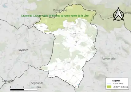 Carte de la ZNIEFF de type 2 sur la commune.