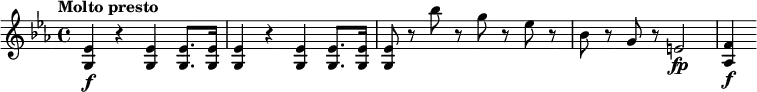 \relative c' {
  \tempo "Molto presto"
  \key es \major
  <es g,>4\f r q q8. q16 |
  q4 r q q8. q16 |
  q8 r bes'' r g r es r |
  bes8 r g r e2\fp |
  <f as,>4\f
}