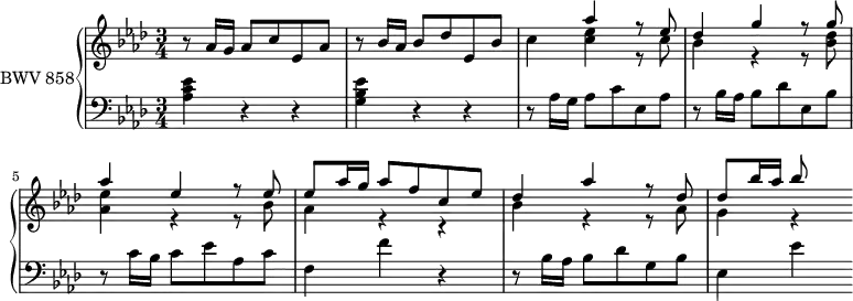 \version "2.18.2"
\header {
tagline = ##f
}
Thème = { r8 aes16 g aes8 c ees, aes | r8 bes16 aes bes8 des ees, bes' }
upper = \relative c'' {
\clef treble
\key aes \major
\time 3/4
\tempo 4 = 72
\set Staff.midiInstrument = #"harpsichord"
%% PRÉLUDE CBT I-17, BWV 858, la bémol majeur
\Thème c4 << { aes'4 r8 ees des4 g r8 g8 aes4 ees r8 ees8 ees aes16 g aes8 f c ees des4 aes' r8 des,8 des bes'16 aes bes8 } \\ { < ees, c >4 r8 c8 bes4 r4 r8 < des bes >8 < ees aes, >4 r4 r8 bes8 aes4 r4 r4 bes4 r4 r8 aes8 g4 r4 } >>
}
lower = \relative c' {
\clef bass
\key aes \major
\time 3/4
\set Staff.midiInstrument = #"harpsichord"
< ees c aes >4 r4 r4 < ees bes g > r4 r4 \relative c' \Thème r8 c16 bes c8 ees aes, c f,4 f' r4 r8 bes,16 aes bes8 des g, bes ees,4 ees'
}
\score {
\new PianoStaff <<
\set PianoStaff.instrumentName = #"BWV 858"
\new Staff = "upper" \upper
\new Staff = "lower" \lower
>>
\layout {
\context {
\Score
\remove "Metronome_mark_engraver"
}
}
\midi { }
}