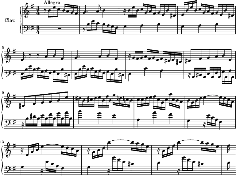 \version "2.18.2"
\header {
tagline = ##f
% composer = "Domenico Scarlatti"
% opus = "K. 198"
% meter = "Allegro"
}
%% les petites notes
%trillBesp = { \tag #'print { bes4.\prall } \tag #'midi { c32 bes c bes~ bes4 } }
upper = \relative c'' {
\clef treble
\key e \minor
\time 3/4
\tempo 4 = 92
\set Staff.midiInstrument = #"harpsichord"
\override TupletBracket.bracket-visibility = ##f
s8*0^\markup{Allegro}
r8 b8 e c b16 a g fis | g4. a8 b4 | r16 b e b c g a fis g e b' dis, |
% ms. 4
e16 b' e b c g a fis g e b' dis, | e8 r8 r8 a8 b fis | g4. a8 b fis |
% ms. 7
r16 g16 fis g a fis g e fis dis e cis | dis8 fis g a b e, | dis fis g a b e |
% ms. 10
dis16 b cis dis e b fis' b, g' d c b | c c d e fis c g c a' c, b a | b g b d e4~ e16 d c a |
% ms. 13
r16 d,16 g b e4~ e16 d c a | r16 g16 b d b'4~ b16 a g e | r16 a,16 d fis b4~ b16 a g e | fis s16
% ms. 17
}
lower = \relative c' {
\clef bass
\key e \minor
\time 3/4
\set Staff.midiInstrument = #"harpsichord"
\override TupletBracket.bracket-visibility = ##f
% ************************************** \appoggiatura a16 \repeat unfold 2 { } \times 2/3 { } \omit TupletNumber
R2. | r8 b8 e c b16 a g fis | \repeat unfold 2 { g4 a b } |
% ms. 5
\repeat unfold 2 { e,16 b' e b c g a fis g e b' dis, }
% ms. 7
e4 c' a | r16 b,16 dis b e b fis' b, g' b, a' b, | r16 b'16 dis b e b fis' b, g' b, a' b,
% ms. 10
b'4 g e | a, a' fis | \repeat unfold 2 { g, r16 e'16 c a fis4 } |
% ms. 14
g4 r16 b'16 g e cis4 | d r16 b'16 g e cis4 | d8
% ms. 17
}
thePianoStaff = \new PianoStaff <<
\set PianoStaff.instrumentName = #"Clav."
\new Staff = "upper" \upper
\new Staff = "lower" \lower
>>
\score {
\keepWithTag #'print \thePianoStaff
\layout {
#(layout-set-staff-size 17)
\context {
\Score
\override SpacingSpanner.common-shortest-duration = #(ly:make-moment 1/2)
\remove "Metronome_mark_engraver"
}
}
}
\score {
\keepWithTag #'midi \thePianoStaff
\midi { }
}